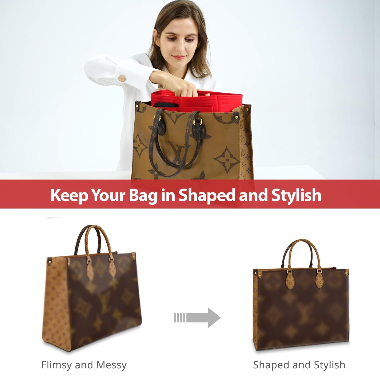 OMYSTYLE Red Slender Large Purse Organizer Insert for Handbags, Felt Bag Organizer for Tote & Purse, Tote Bag Organizer Insert w