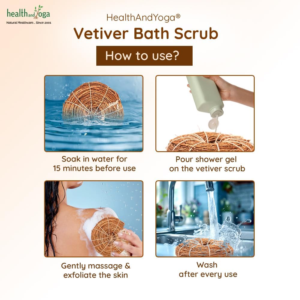 Healthandyoga Vetiver Root Bath Scrub - Ayurvedic Shower Loofah - Woven With Cotton Cord (No Plastic Mesh) - Natural Woody Fragr