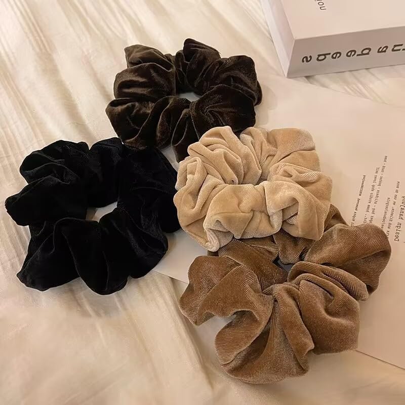 TUCEWP Velvet Scrunchies for Women Girls 4Pcs Large Brown Black Scrunchies Long Thick Curly Hair Soft Hair Bands Neutral Scrunch