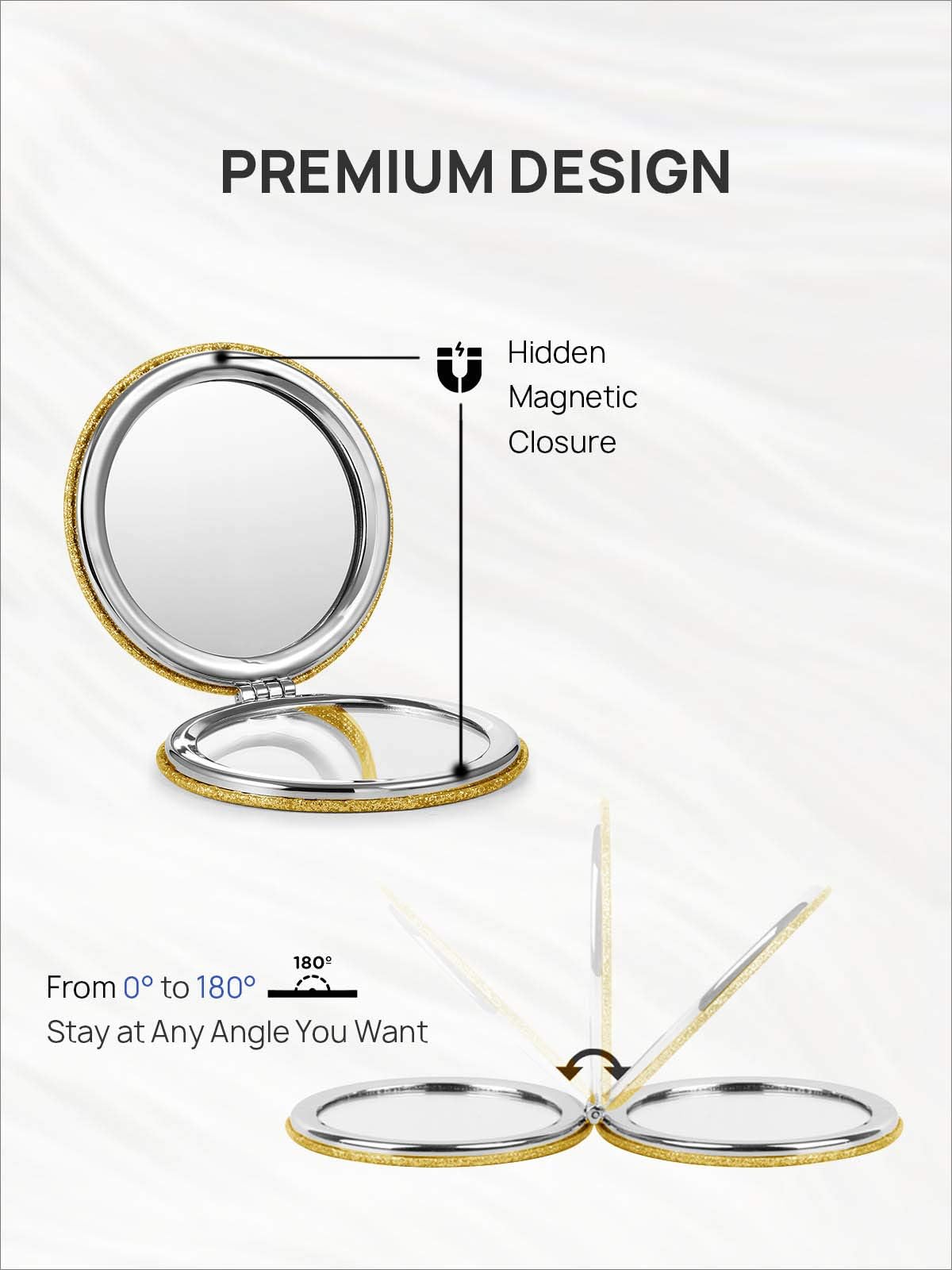 Omiro 1X/10X(300R) Magnifying Compact Mirror With Pu Leather, Ultra-Portable For Purses And Travel, Round Gold
