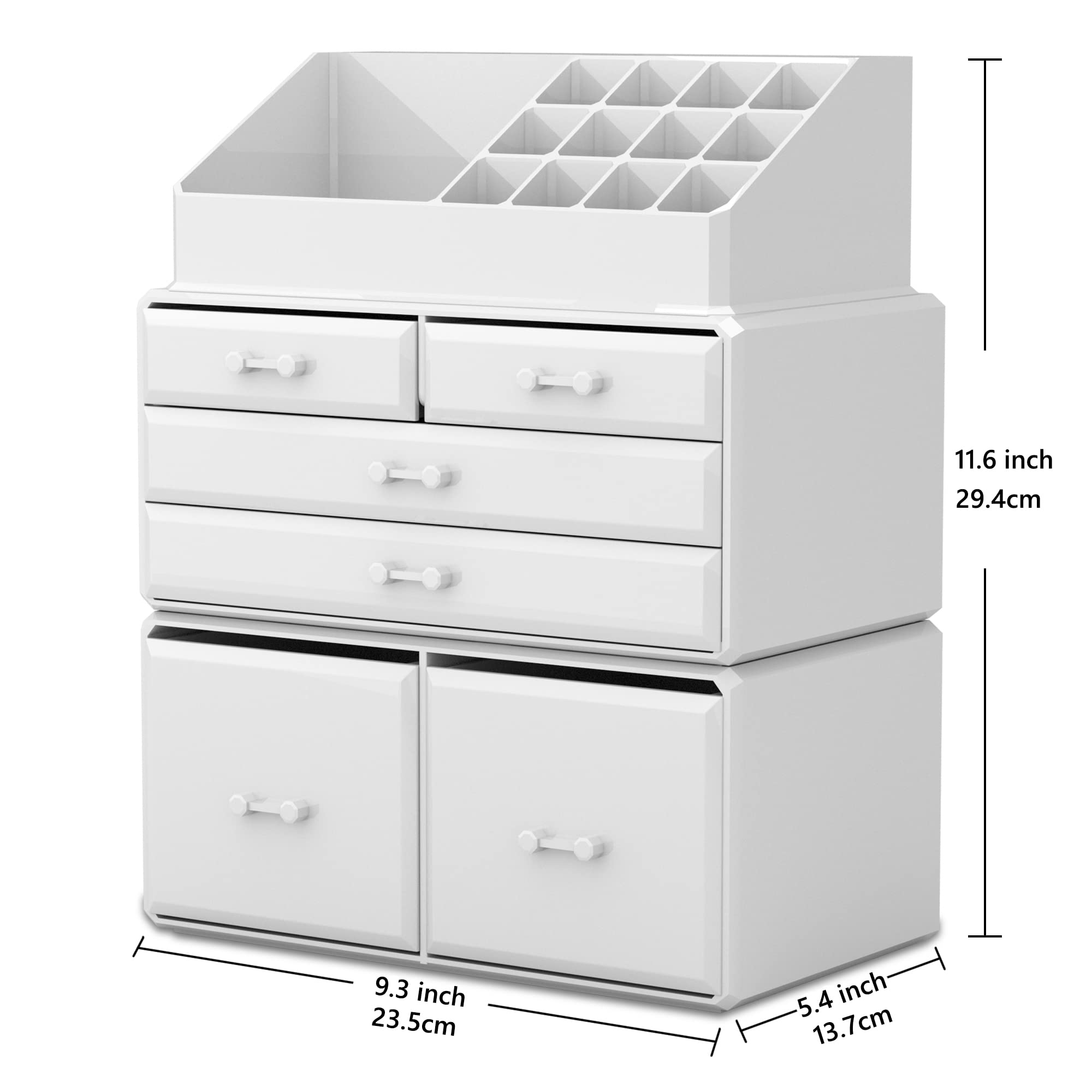 READAEER Makeup Organizer - 3-Piece Cosmetic Storage Case with 6 Drawers, Plastic, White, Model 6D/TRP