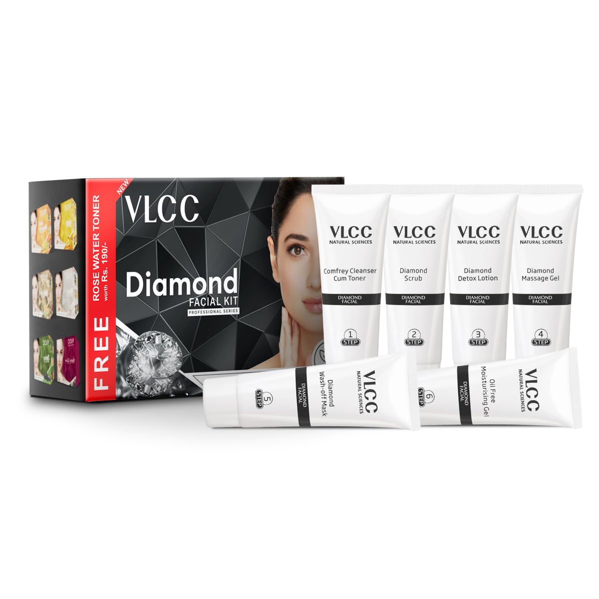Vlcc Diamond Facial Kit - Multi Use | Salon Like Facial In Just 6-Steps | Includes Cleanser, Scrub, Cream, Face Pack, Moisturizi