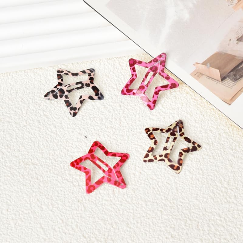 Star Snap Clips For Hair Y2K Pink Leopard Print Hair Clips Set Of 8 Metal Brown Cheetah Leopard Hair Barrettes Hairpins Headpiec