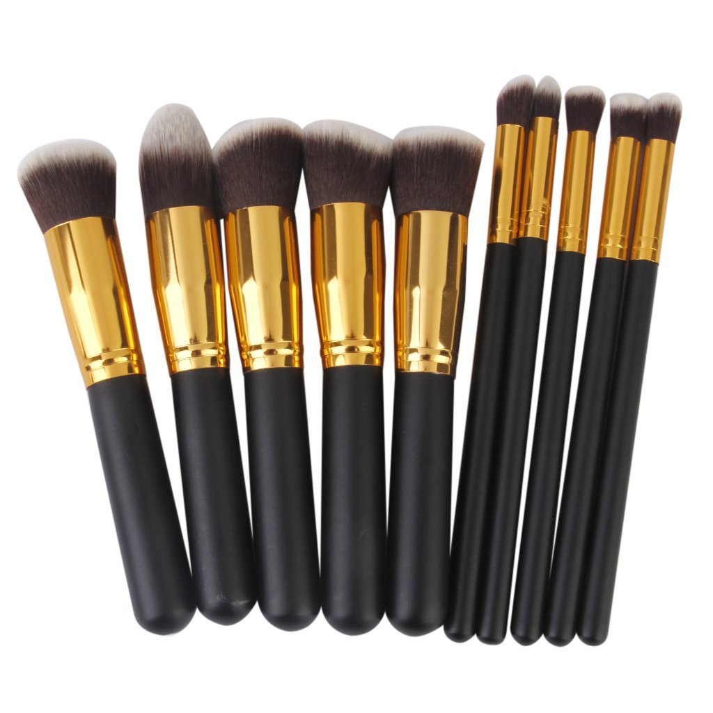Angelie Fiber Bristle Makeup Brushes  Black And Golden, Set Of 10 Pieces