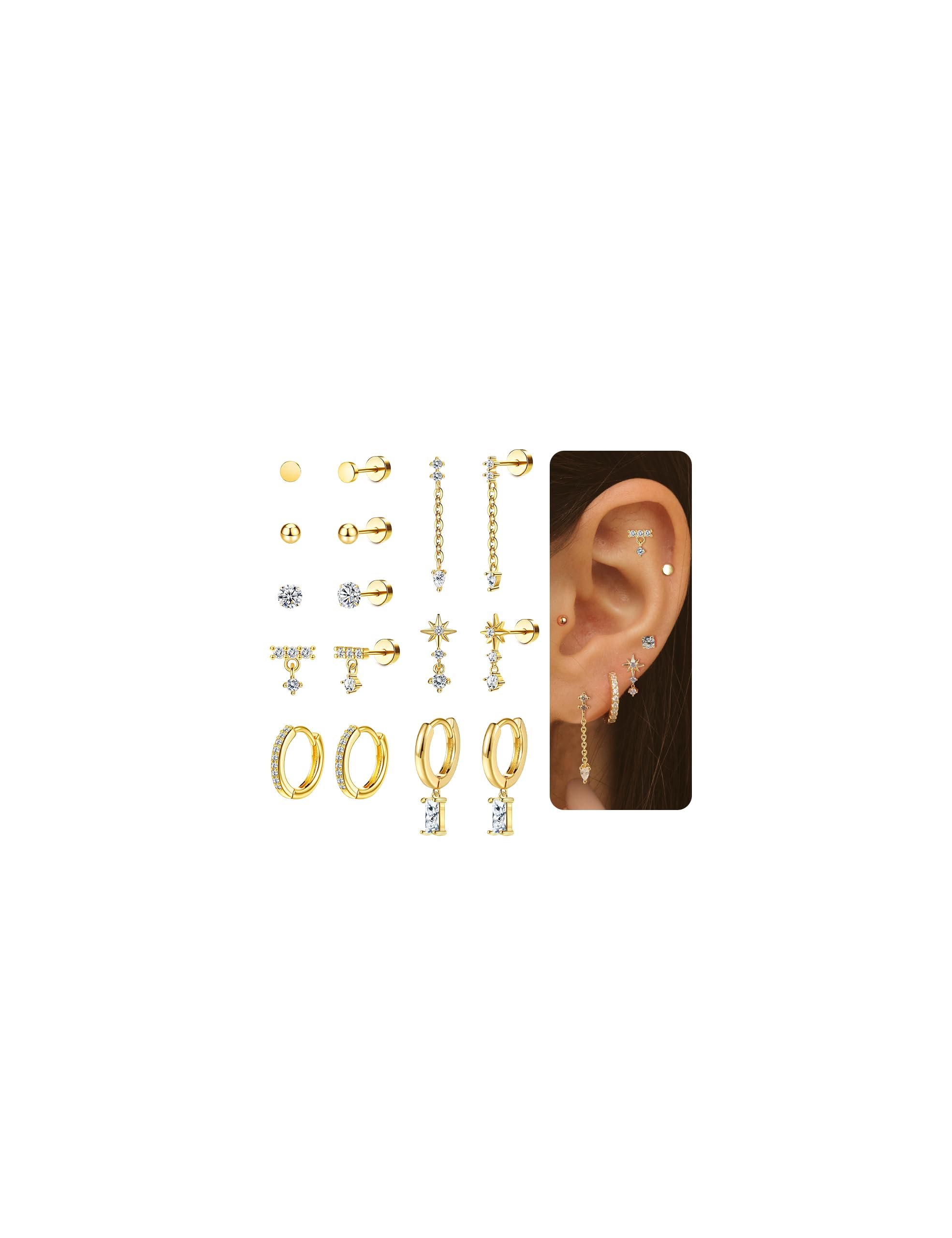 Staligue Tiny Hypoallergenic Flat Back Earrings for Sensitive Ears - 20G Surgical Steel Gold Studs Earrings for Women,Cartilage 