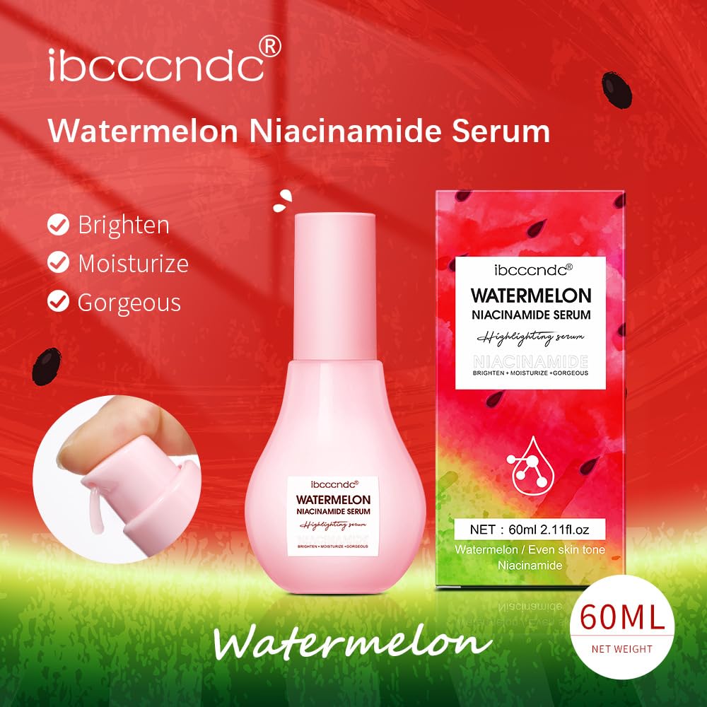 JISKG Watermelon Niacinamide Serum - Hydrating Glow Face Primer, 1.06 oz (Pack of 2), Lightweight Moisturizer