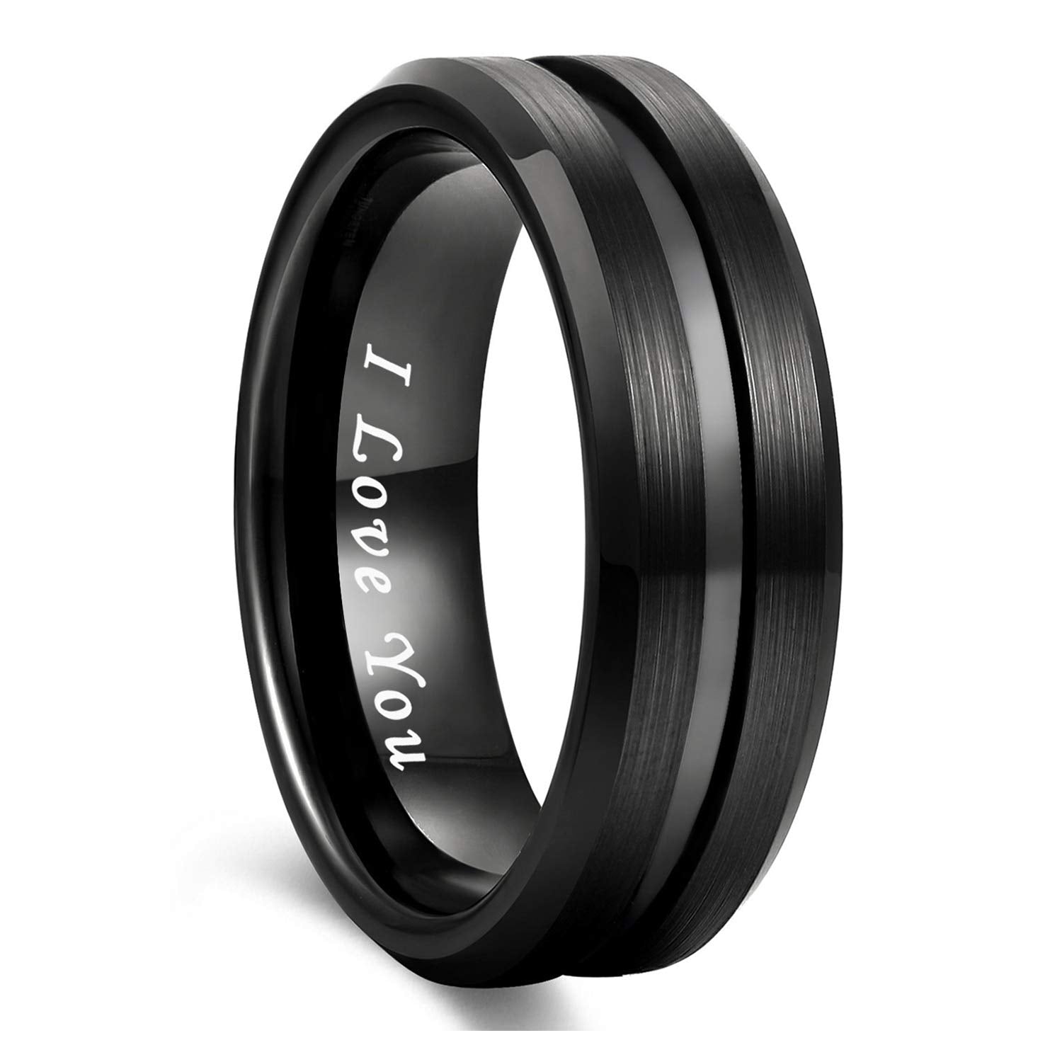 Greenpod 8mm Black Tungsten Wedding Band Ring for Men Grooved Center Brush Finish Engraved I Love You Comfort Fit Size 13