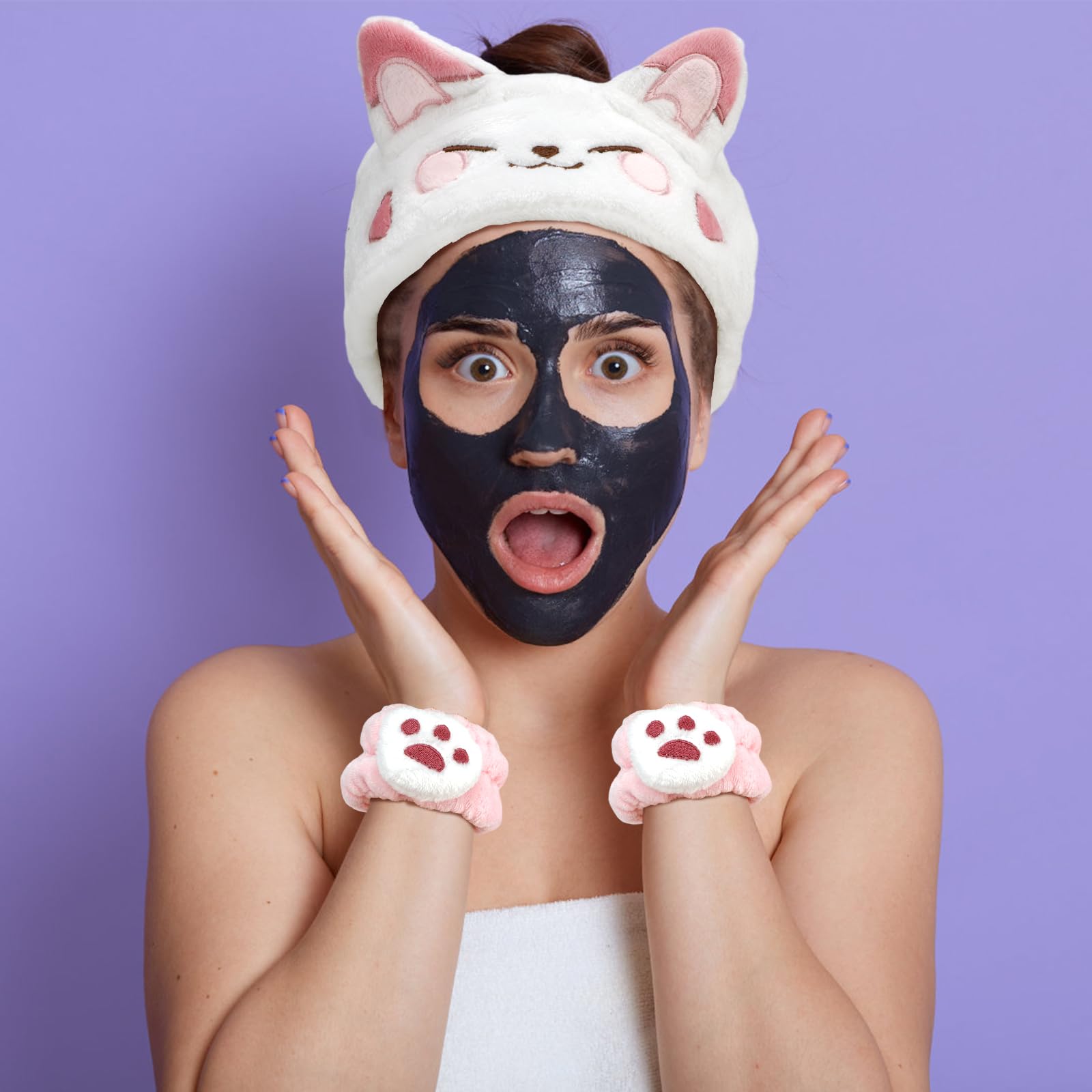 Canitor Face Wash Headband With Wrist Bands Soft Coral Fleece Spa Headband Makeup Headband Cute Animal Cat Ears Elastic Skincare