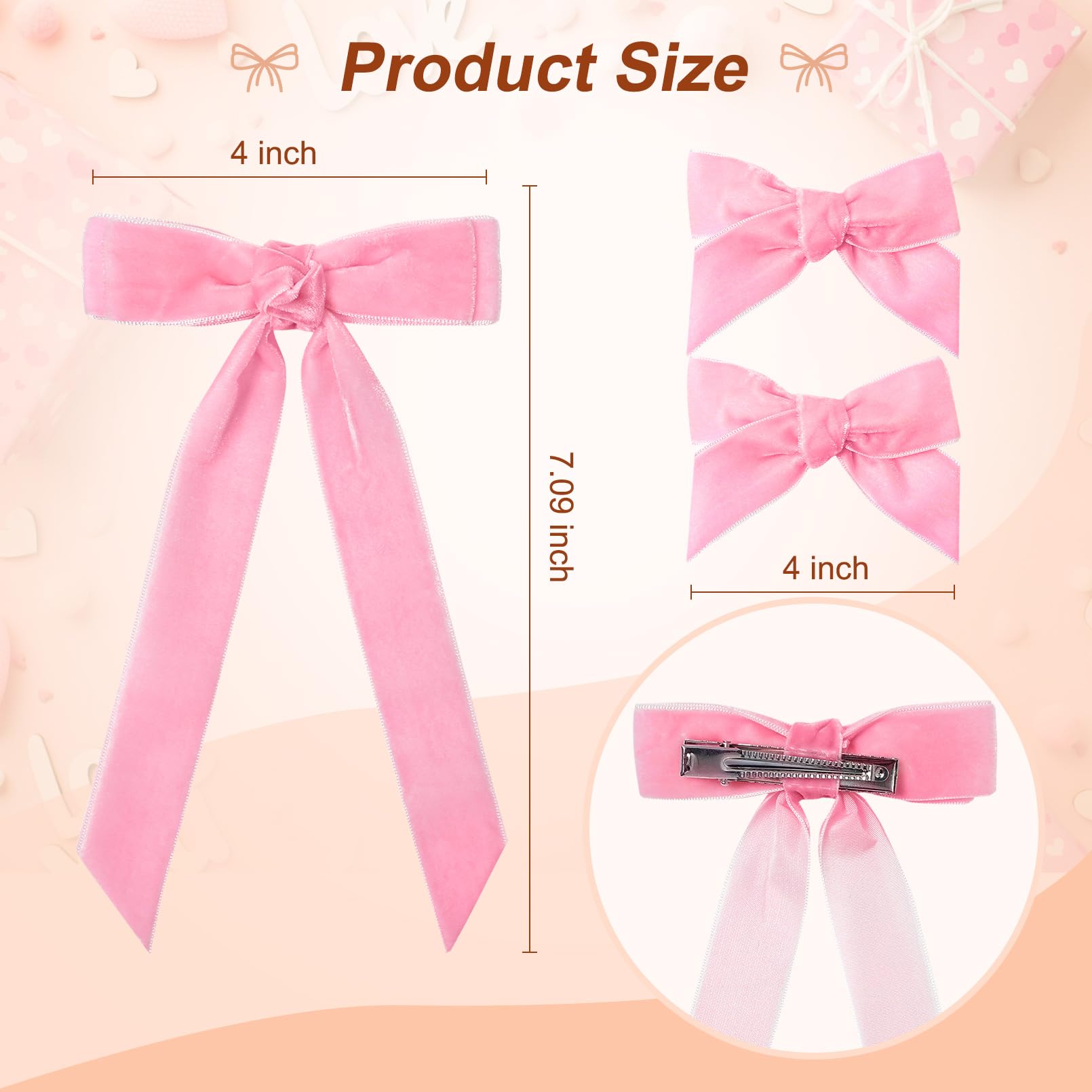 3Pcs Velvet Hair Bow Pink Hair Ribbon Clips For Women Girls Fall Alligator Hair Clips Hair Accessories Toddlers Kids Teens