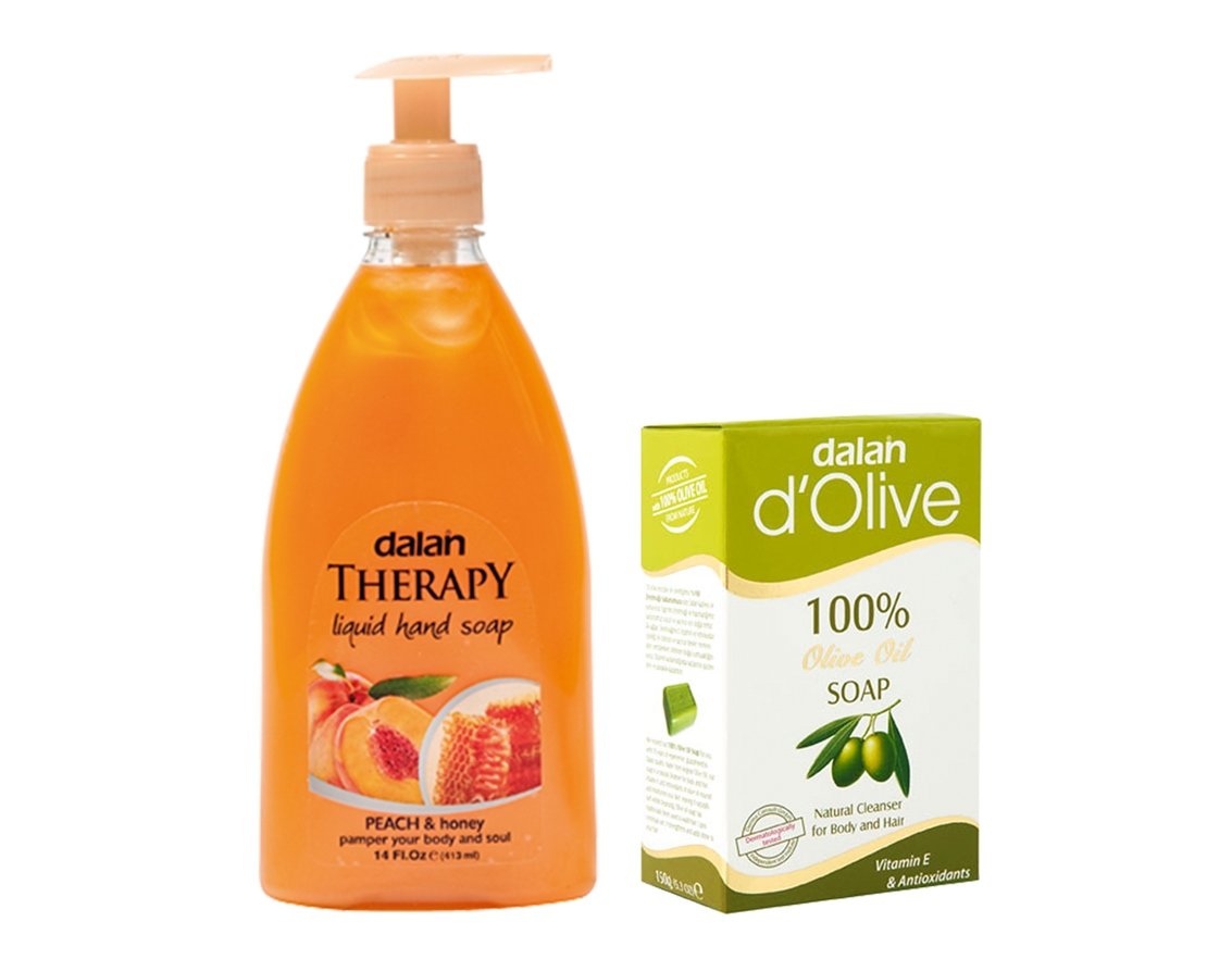Combo Pack Of 400 Ml Peach & Honey Exotic International Fragrances In Handwash/Liquid Soap + Dalan DOlive 100% Pure Olive Oil S