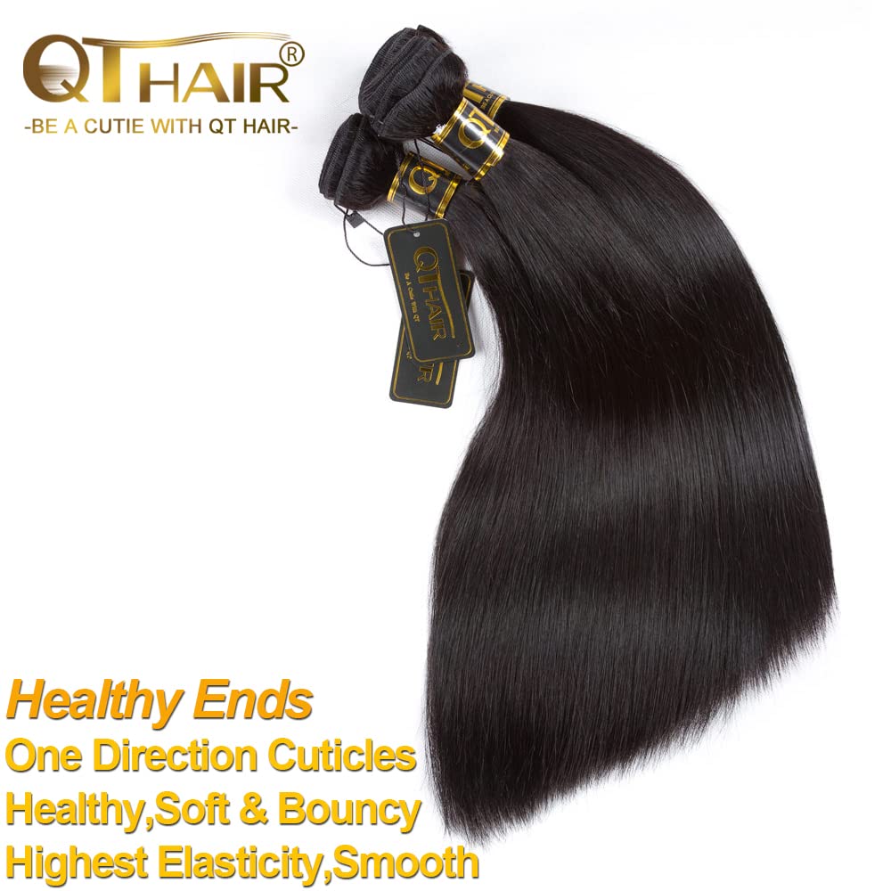 Qthair 14A Straight Human Hair Bundles(18 20 22,300G,Natural Black) 100% Unprocessed Human Hair Extensions Indian Straight Virgi