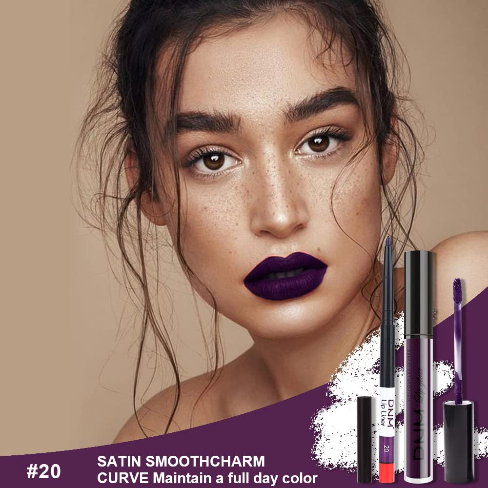 Evpct 2Pcs Dark Deep Purple Plum Black Matte Lipstick And Lip Liner Pencil Makeup Set For Women Dnm Matte Smudge Proof Lipstick