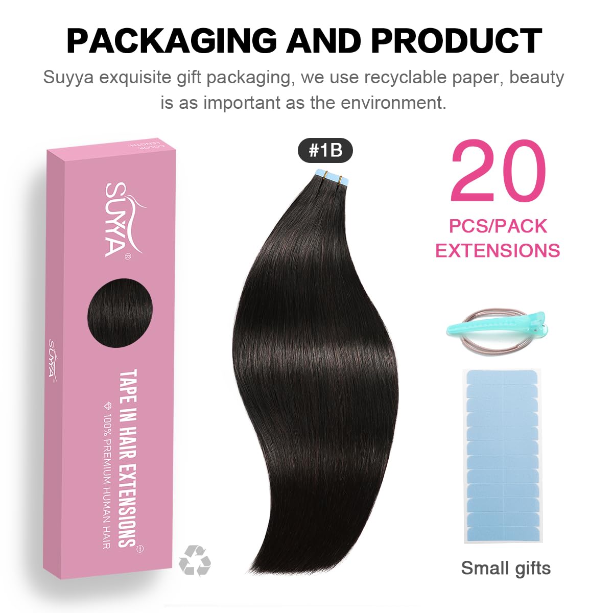 Suyya Tape In Hair Extensions Remy Human Hair 18 Inches 50G/Pack 20Pcs Straight Seamless Skin Weft Tape Hair Extensions Natural