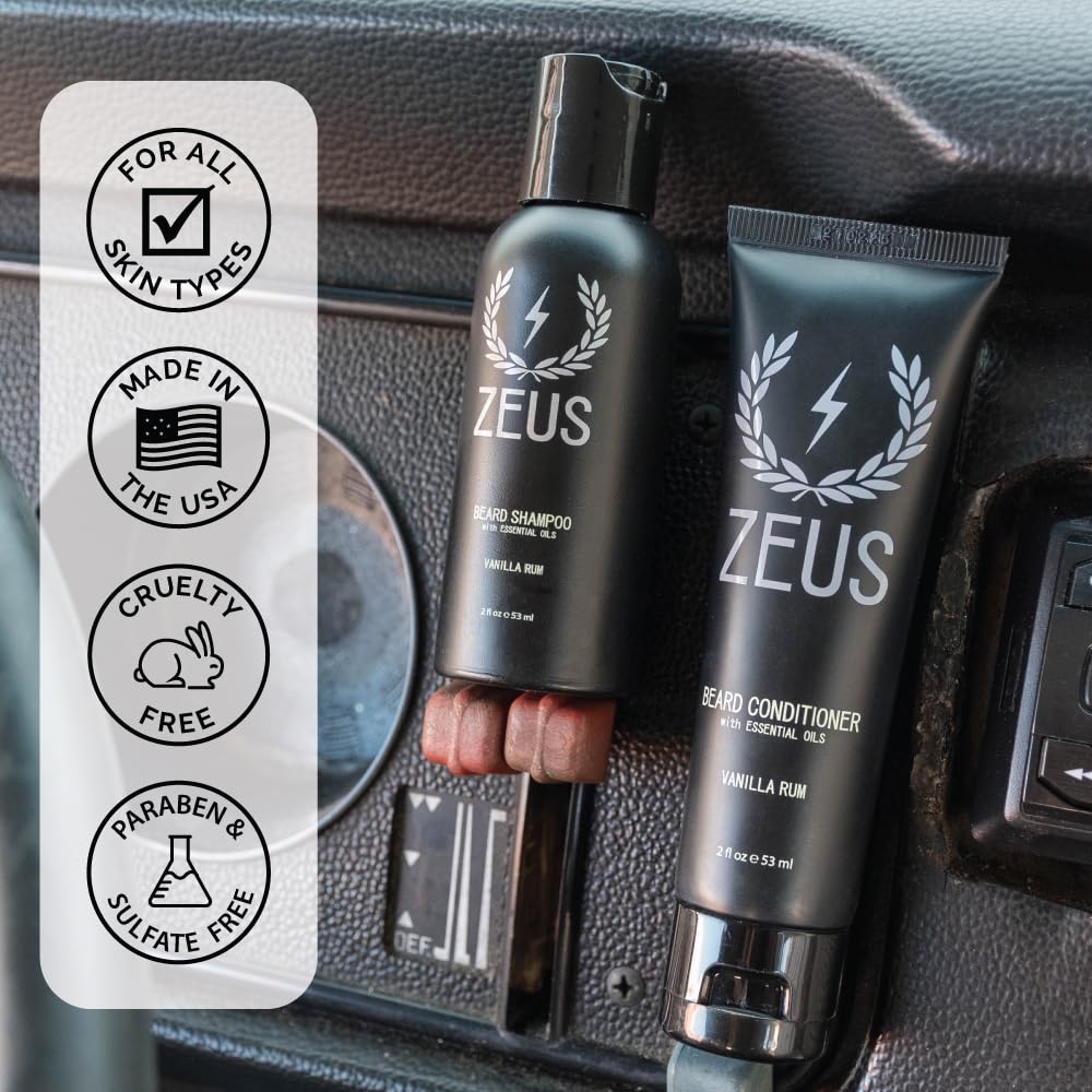Zeus Travel Size Beard Wash & Beard Conditioner Set For Men - Soften, Hydrates & Moisturizes - Made In Usa (Sandalwood)