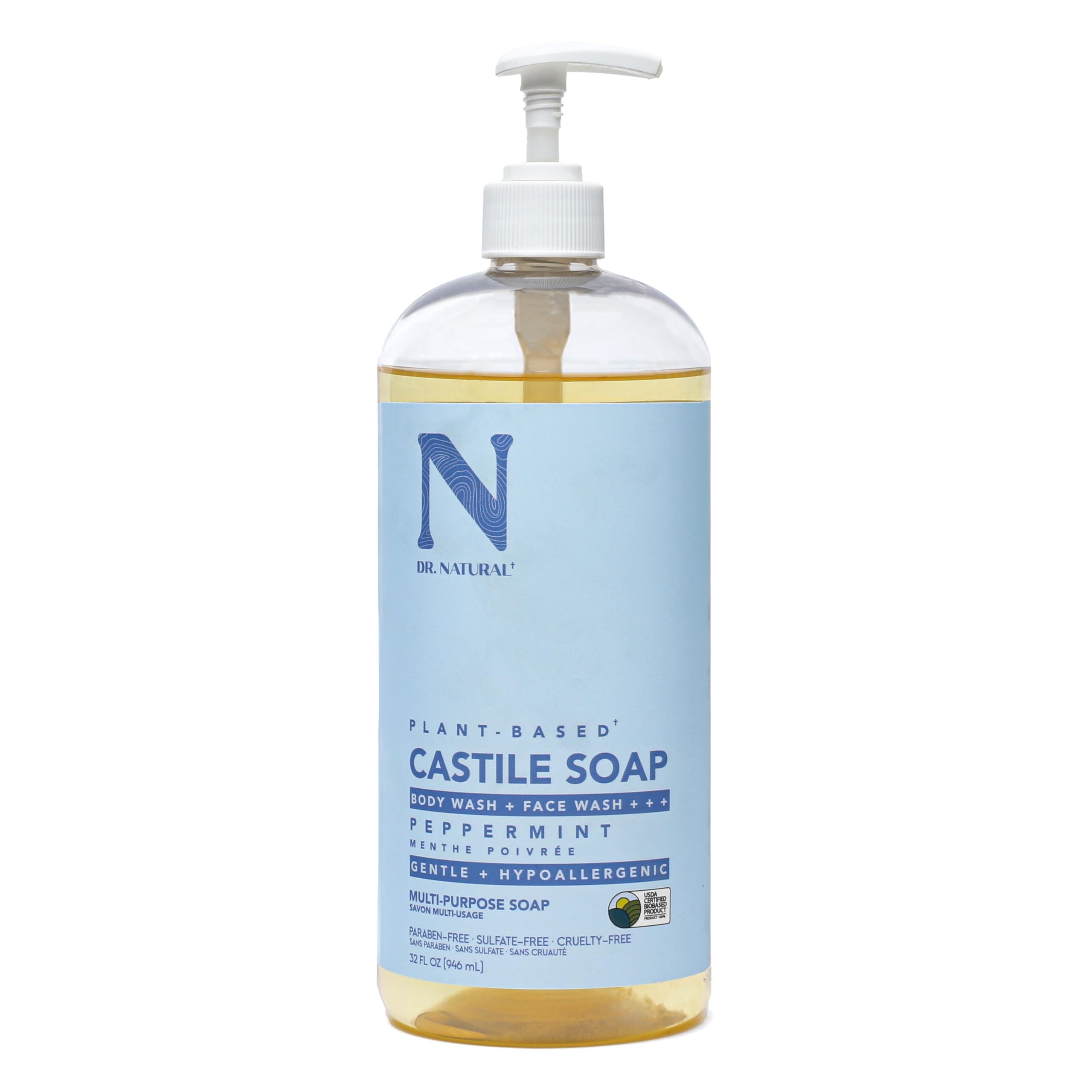 Dr. Natural Castile Liquid Soap, Peppermint, 32 Oz - Plant-Based - Made With Organic Shea Butter - Rich In Coconut And Olive Oil