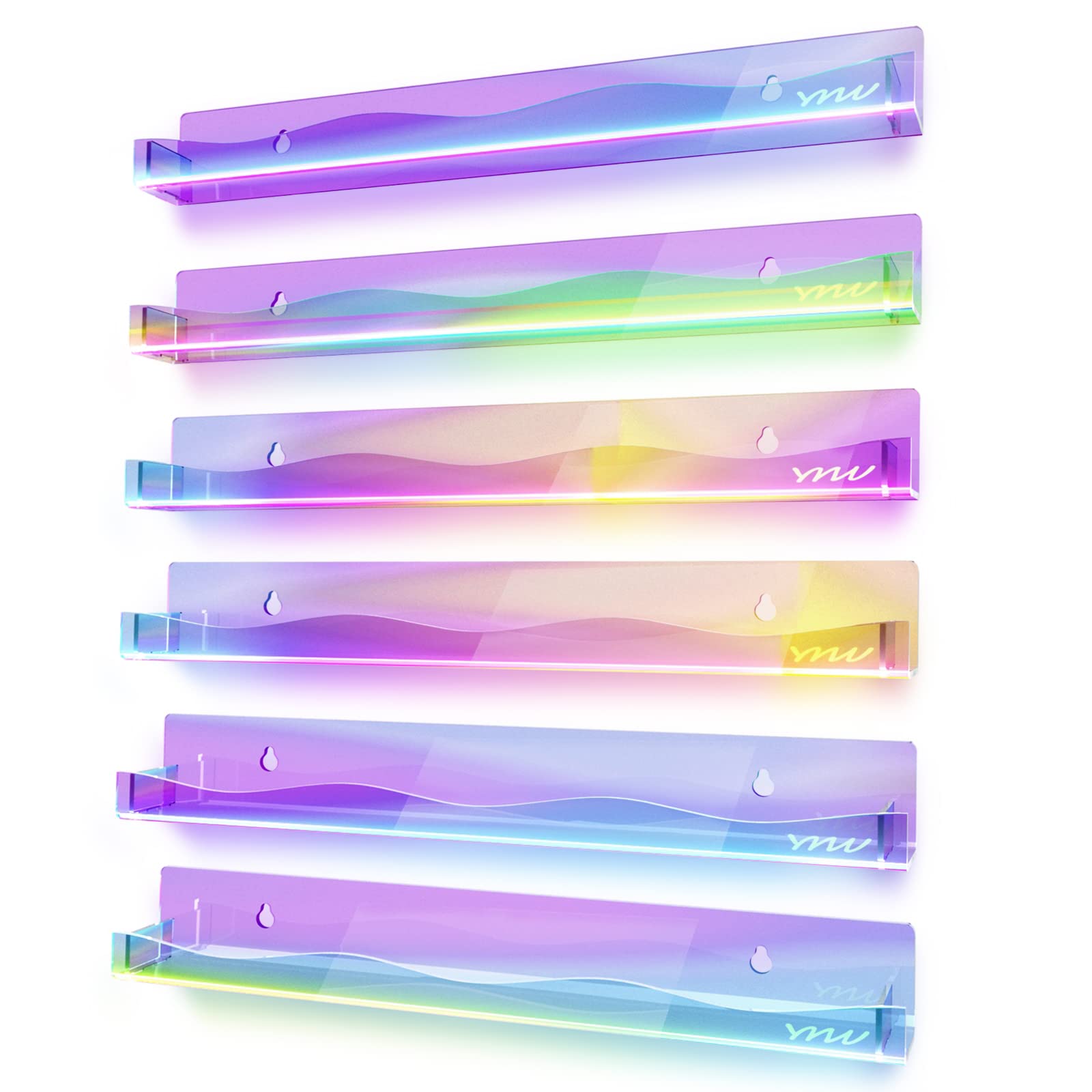 YMVV 15'' Nail Polish Rack Wall Mounted Shelf,6 Pack Clear Rainbow Iridescent Acrylic Organizer Nail Supplies for Nail Techs,Gre
