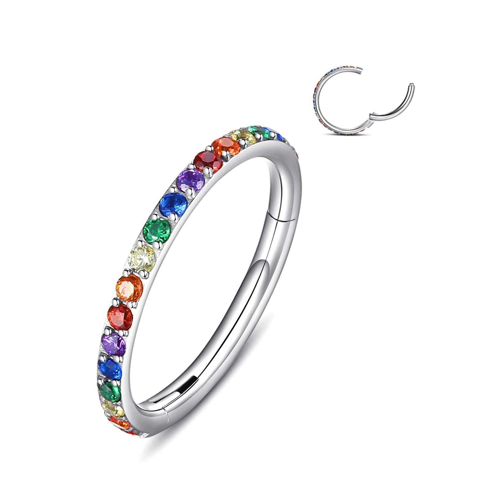 WBRWP 316L Surgical-Steel Hinged Nose Rings Hoop : 20G(0.8mm) 8mm Diameter Mens Body Pierecing Ring with Colorful Zircon Septum 