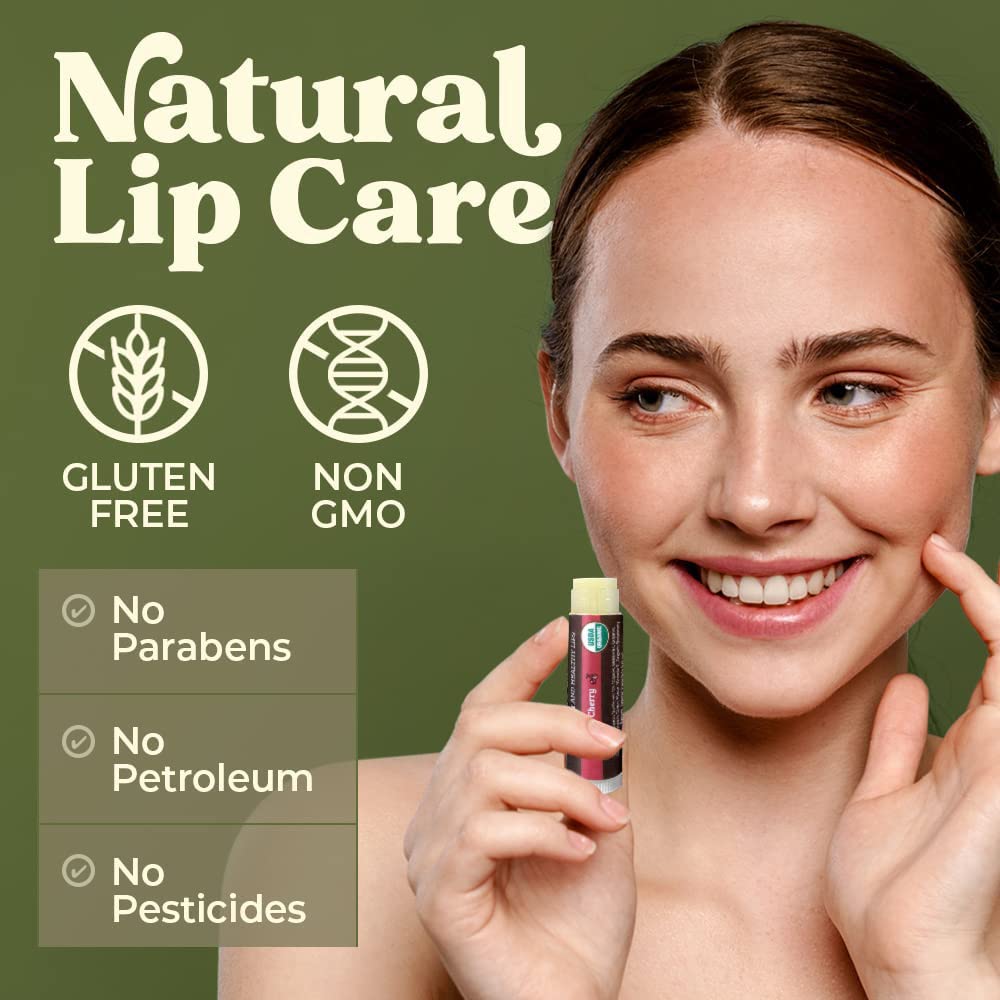 Earth's Daughter USDA Organic Lip Balm 4-Pack - Cherry Flavor, Cream White, Beeswax & Coconut Oil for Dry Cracked Lips