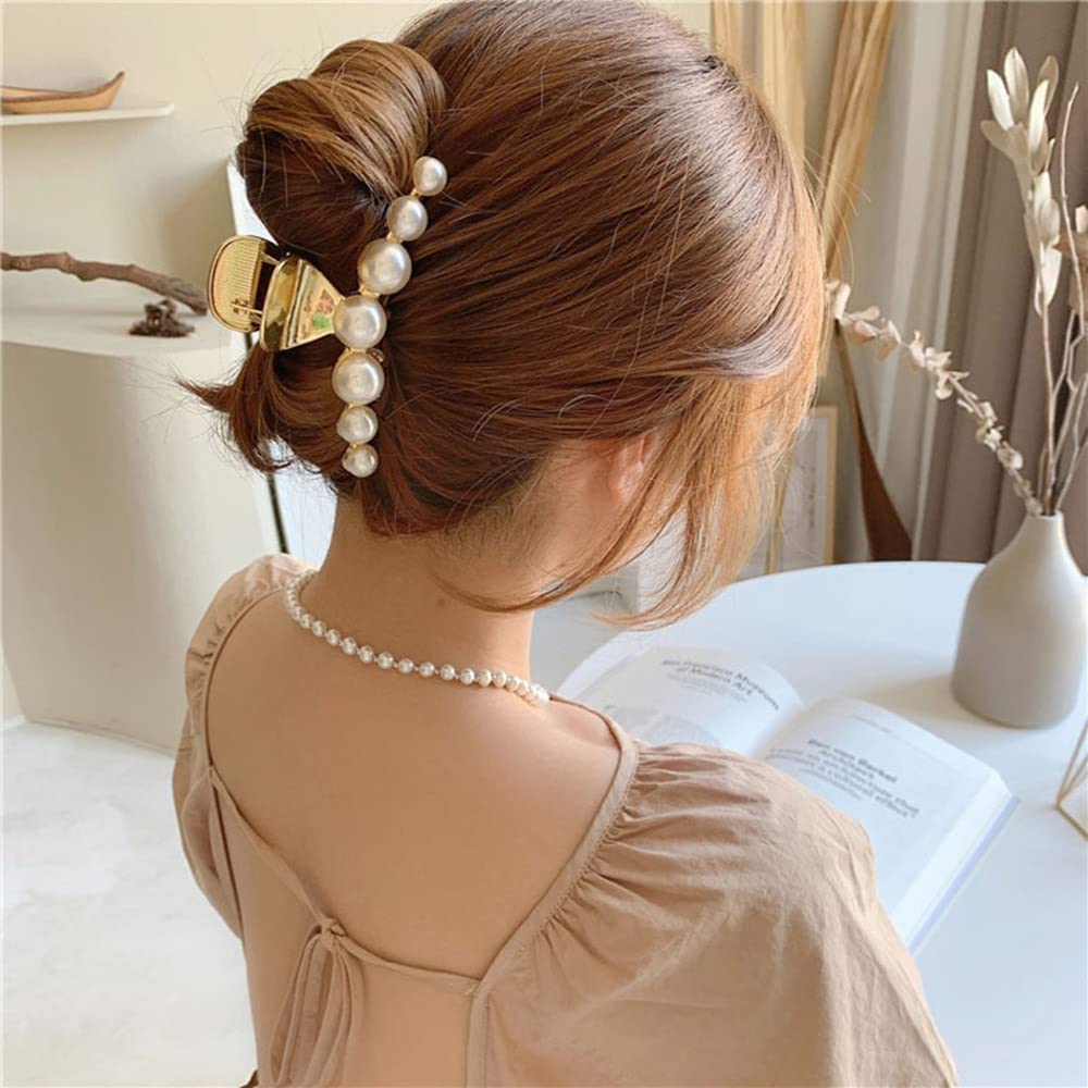 Kolonams Hair Clip, Large Pearl Gold Metal Hair Claw Clips, Nonslip Hair Accessories For Thick Long Hair, Birthday Gift For Wome