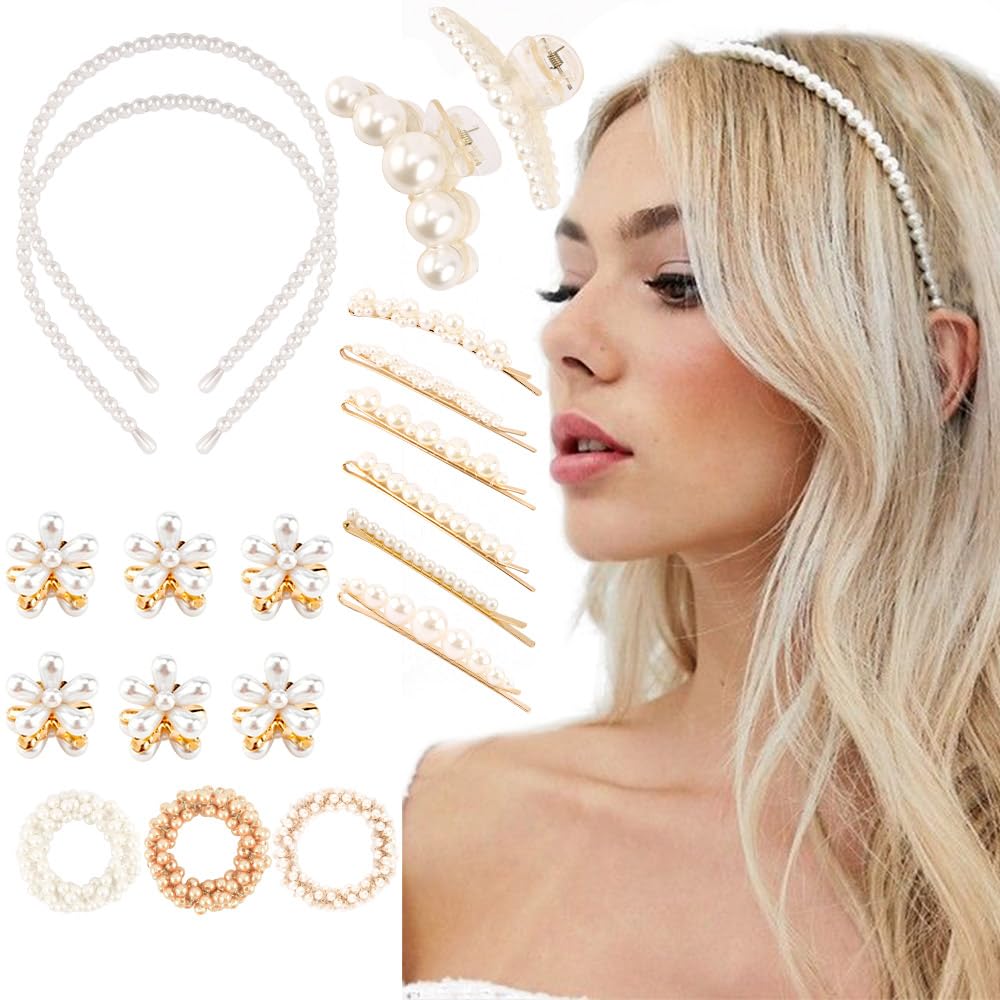 Ahoney 19Pcs Pearl Headband Hair Clips Hair Ties Hair Pins Pack, Pearls White Headbands for Bridal Wedding Hair Accessories for 