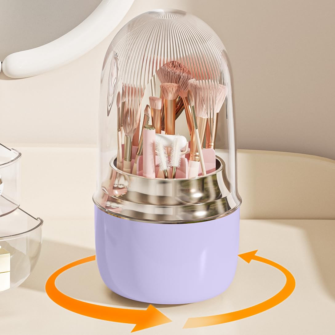 Anylady Makeup Brush Holder 360 Rotating, [Upgrade & with Cover] Makeup Brush Organizer for Vanity Countertop Bathroom (Purple)