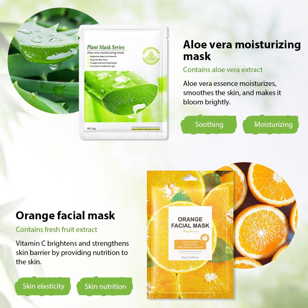 6 Pcs Real Nature Hydrating Green Tea Honey Aloe Vera Face Mask Skincare, Hyaluronic Acid, Vitamin C And E, Chamomile, Korean Be