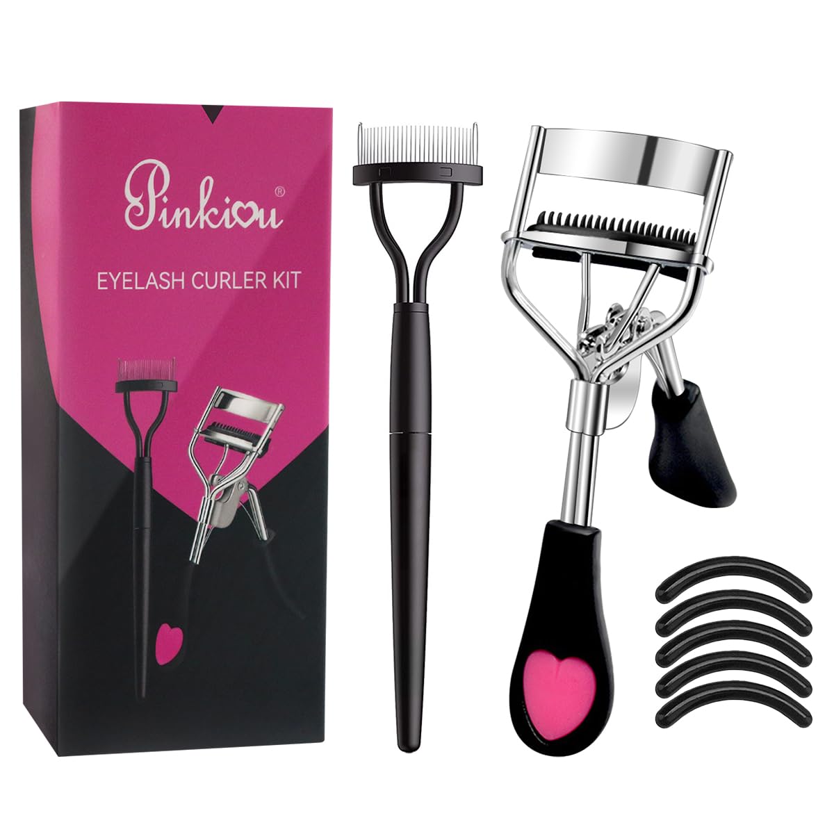 Pinkiou Eyelash Curlers with Comb and Eeylash Separator Set Professional Lash Curler with Built-in Comb Ergonomic Heart-Shaped H
