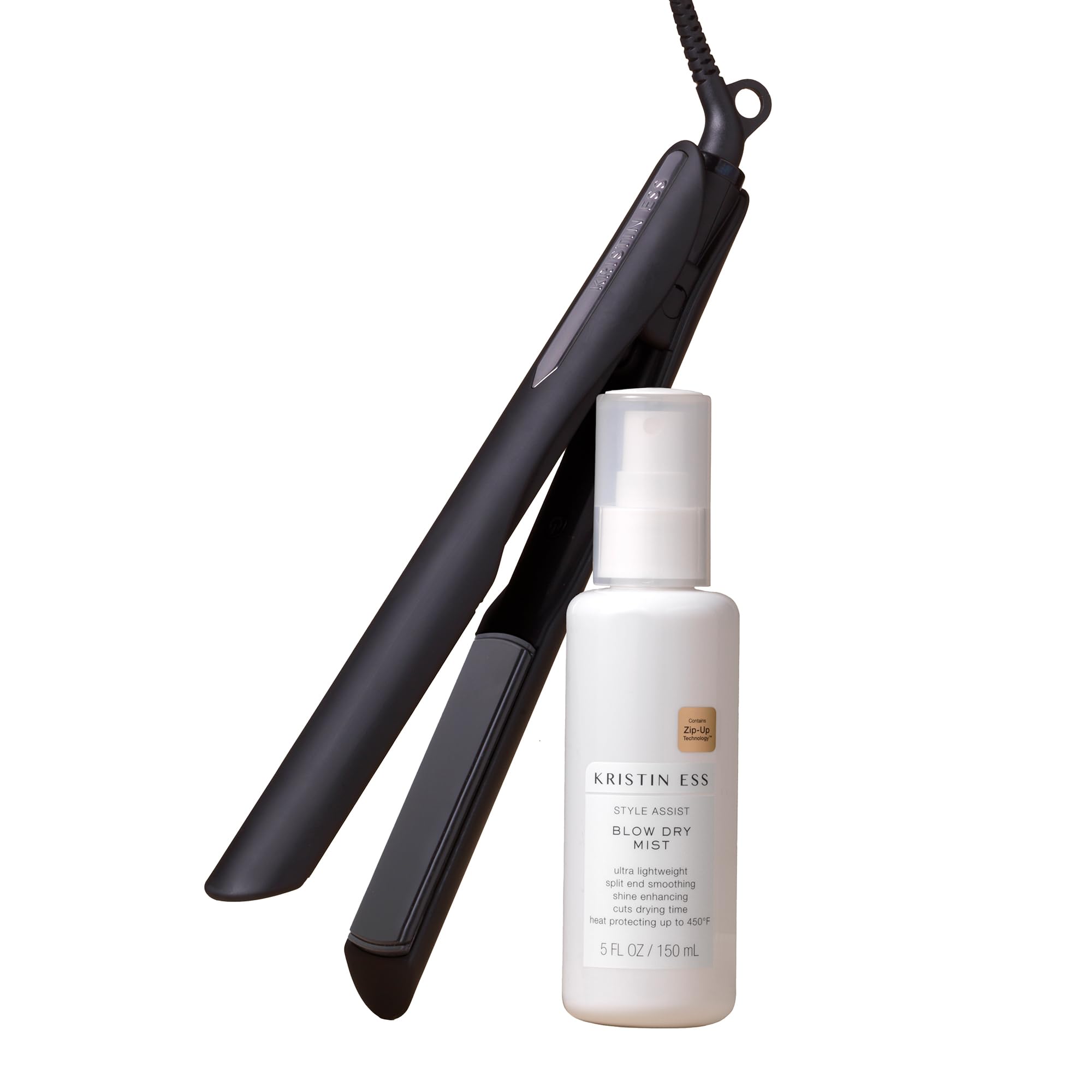 Kristin Ess Hair Nanoblack 3-in-1 Curling Flat Iron Straightener + Style Assist Heat Protectant Spray - 1 1/4 Inch Salon Profess