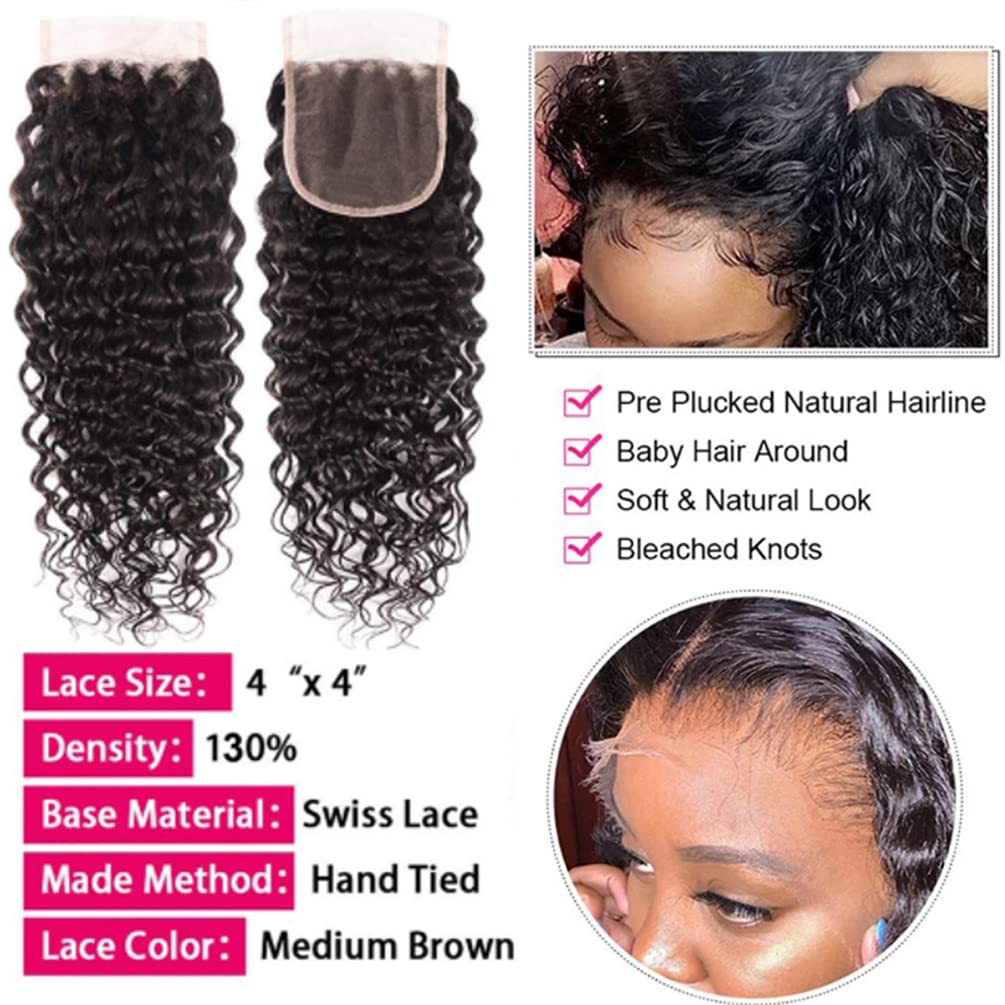 Deep Wave Bundles With Closure (22 24 26+20) 12A 100% Unprocessed Brazilian Virgin Human Hair Free Part Curly Weave 3 Bundles Wi