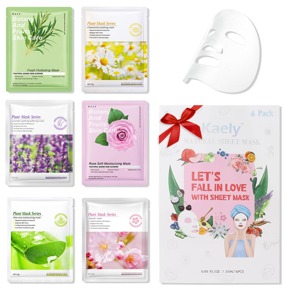 Kaely 6 Pack Variety Sheet Masks,Spa Party Face Masks For Kids Skin Care Set,Facial Mask Skincare Korean,Moisturize,Brighten,Nou