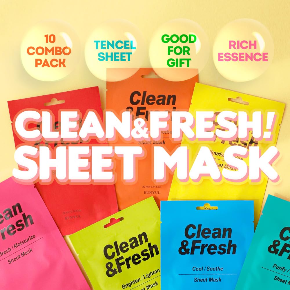 Eunyul [Pack Of 10] Clean & Fresh Sheet Mask 22 Ml / 0.74 Fl.Oz. 10 Types Korean Sheet Mask Bundle Pack For All Skin Type Face M