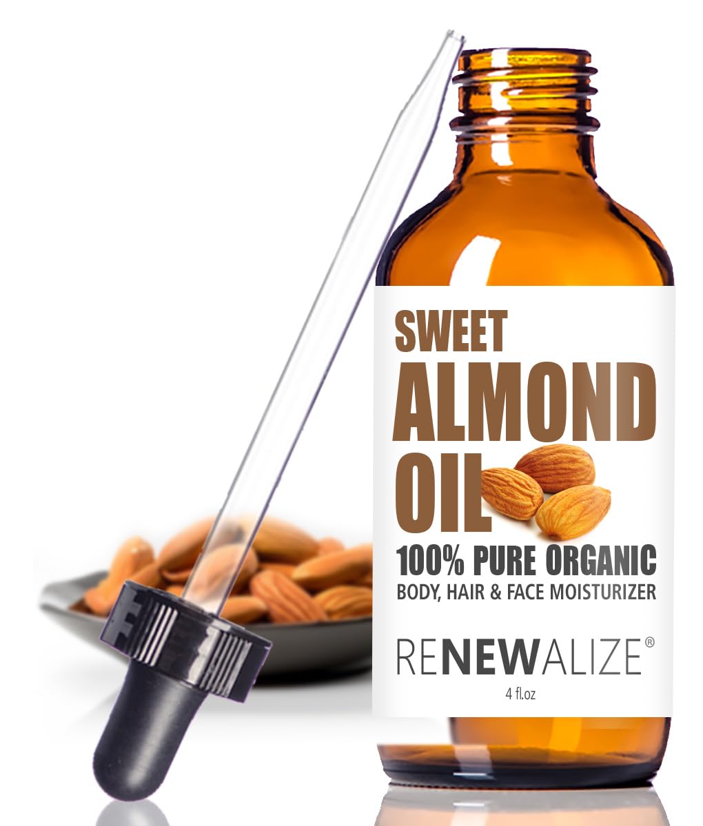 Organic Sweet Almond Oil MOISTURIZER - in 4 oz Glass Bottle with Dropper | Unrefined Cold Pressed Skincare Lotion | Essential Na