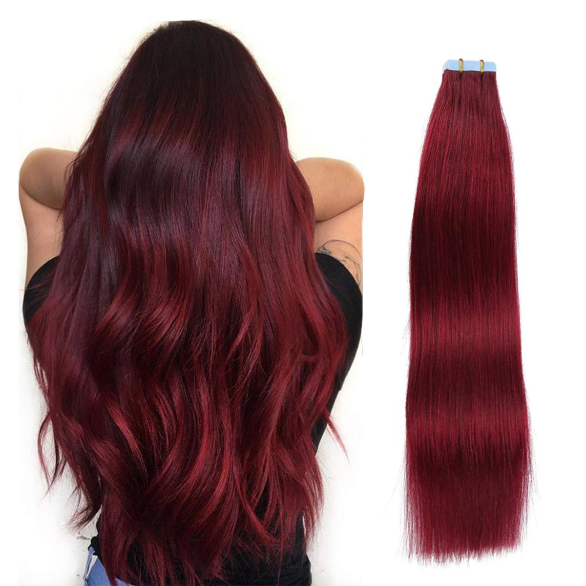 Suyya Tape In Hair Extensions Burgundy 100% Real Remy Human Hair 16 Inches 20Pcs 40G/Pack Straight Seamless Skin Weft Tape Human