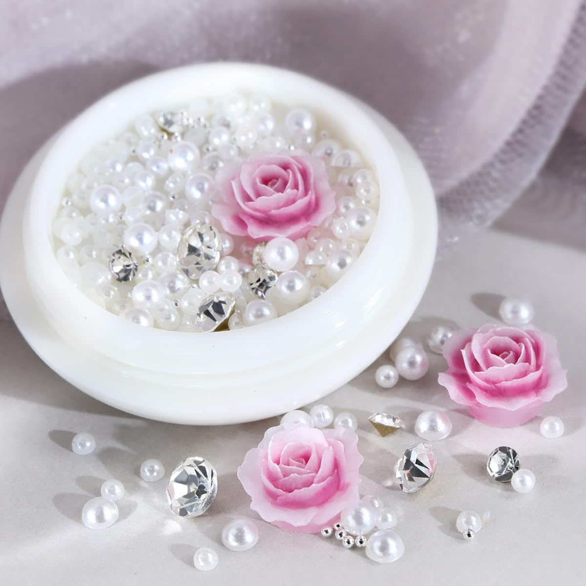 Valentine 3D Rose Flower Nail Art Charms, Pink Rose Flowers Nail Ornaments Sparkle Nail Art Rhinestones Diamond Mix White Pearls