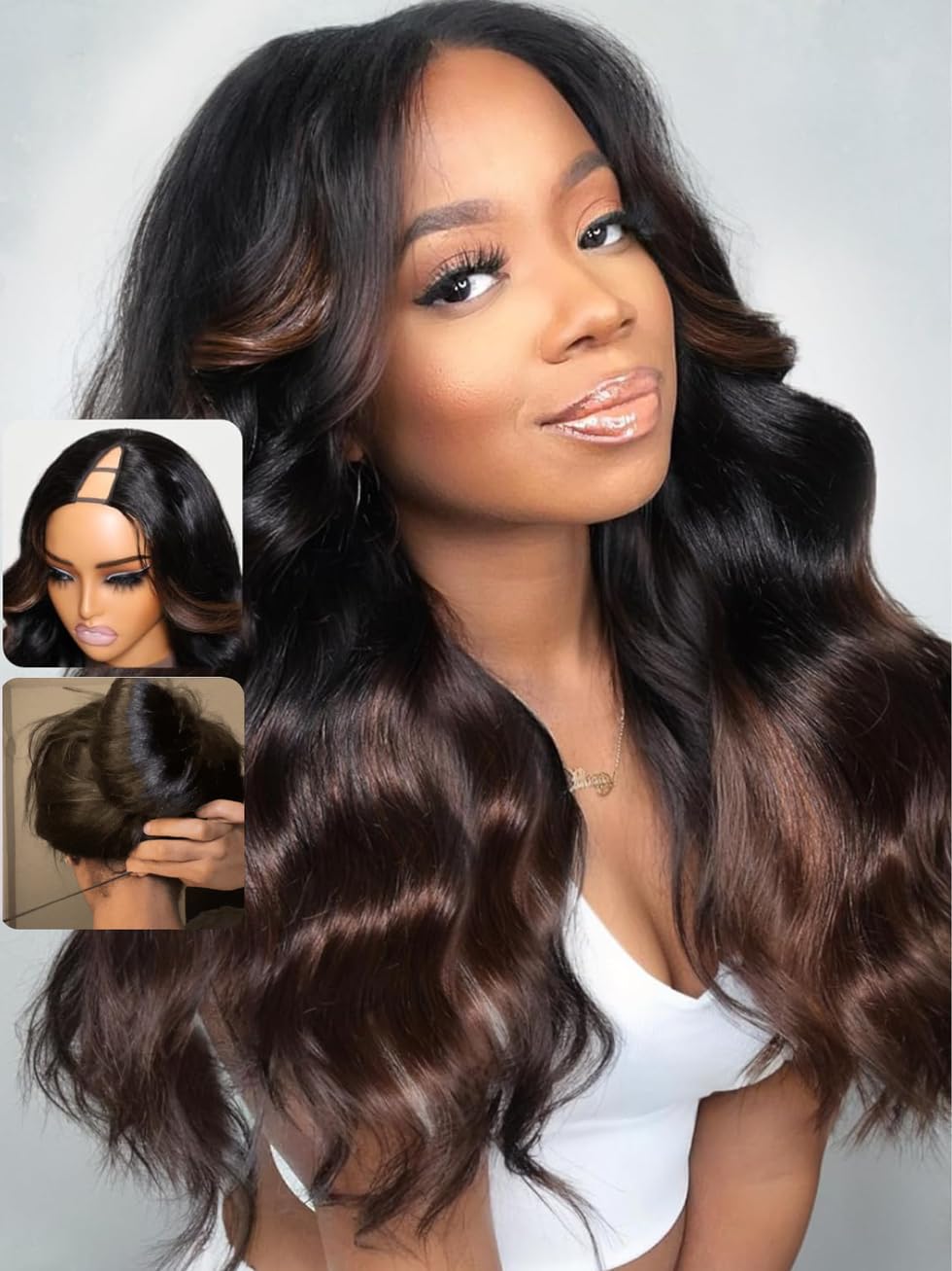 Unice Easicontour V Part Wigs Human Hair Body Wave Upgrade Glueless U Part Human Hair Wig Chestnut Brown Ombre No Leave Out No G