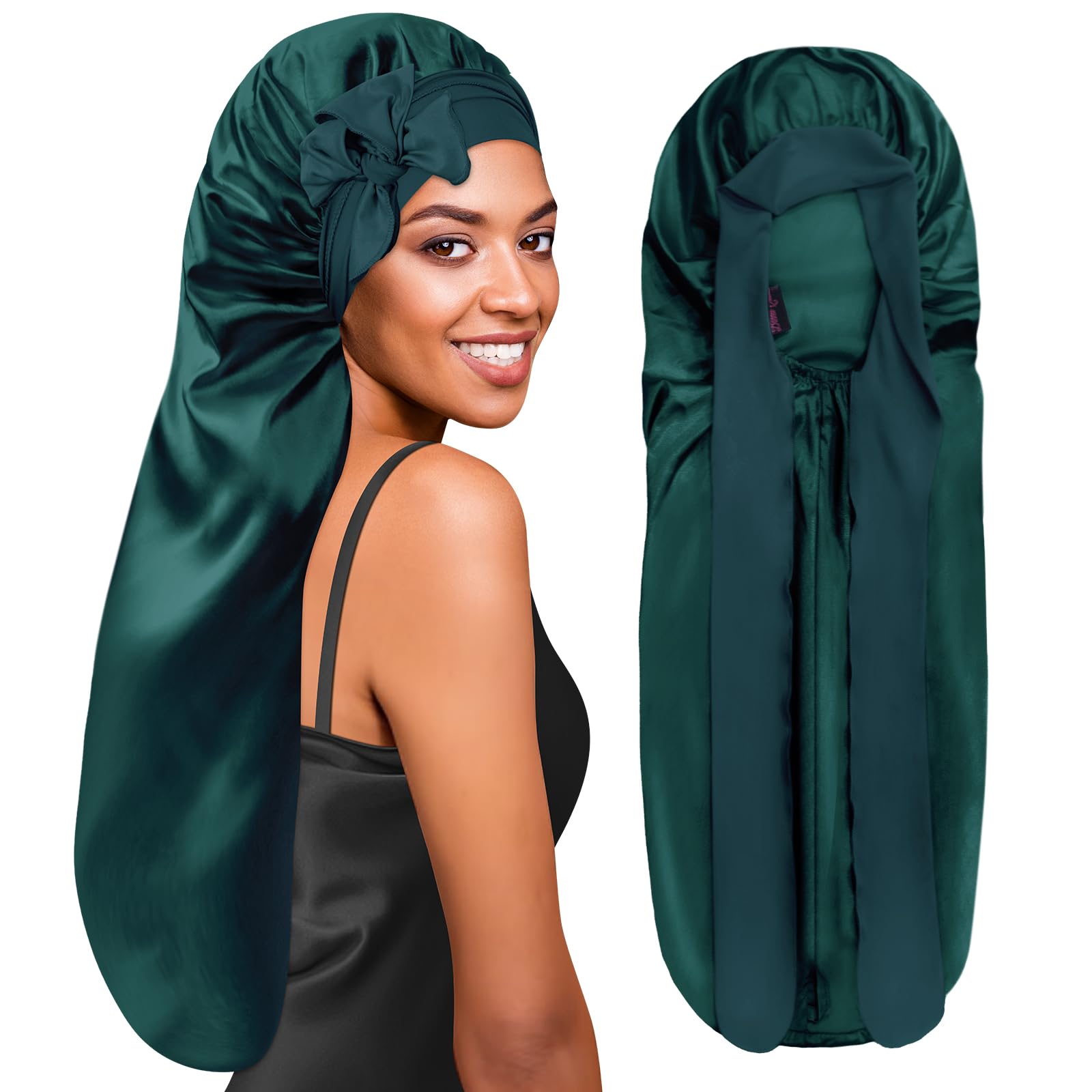 BONNET QUEEN Bonnet for Braids Silk Bonnet Extra Long Satin Bonnet for Sleeping Hair Bonnet for Locs with Tie Band Darkish Green