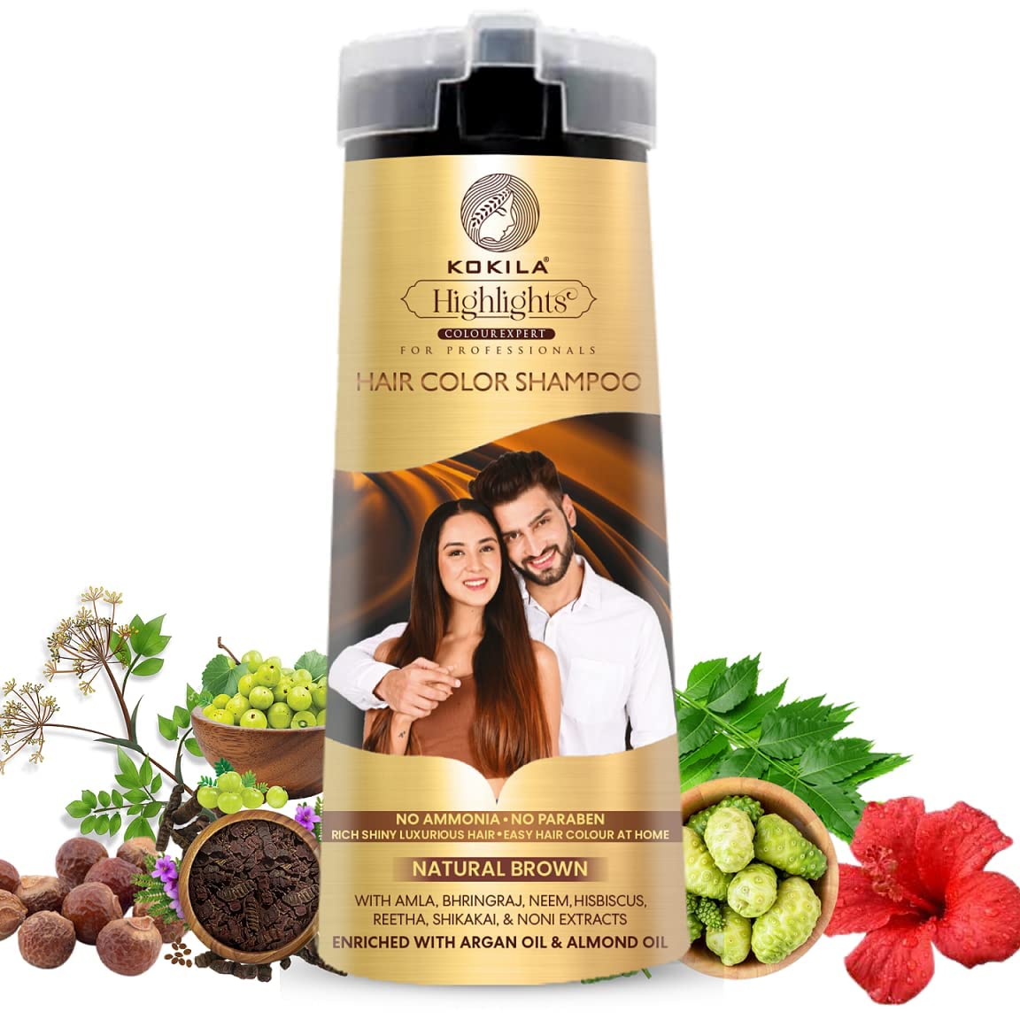 Kokila Hair Color Shampoo For Men & Women | No Ammonia - No Paraben | 10 Pair Free Gloves, Natural Brown 200Ml