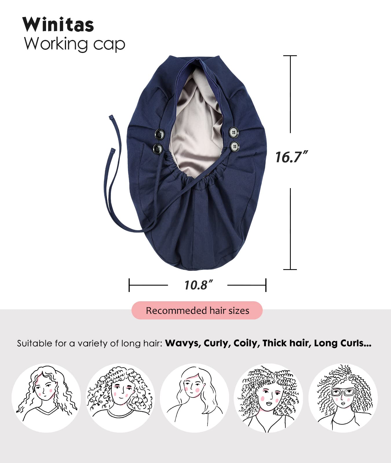 Large Work Cap Silk Satin Lined For Long Braid Curly Hair