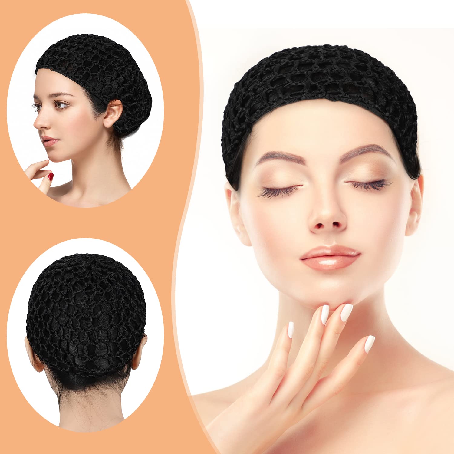 Etercycle 3 Pieces Mesh Crochet Hair Net Snoods for Women, Soft Rayon Knit Crochet Hairnet Hair Cover Accessory for Sleeping (Bl
