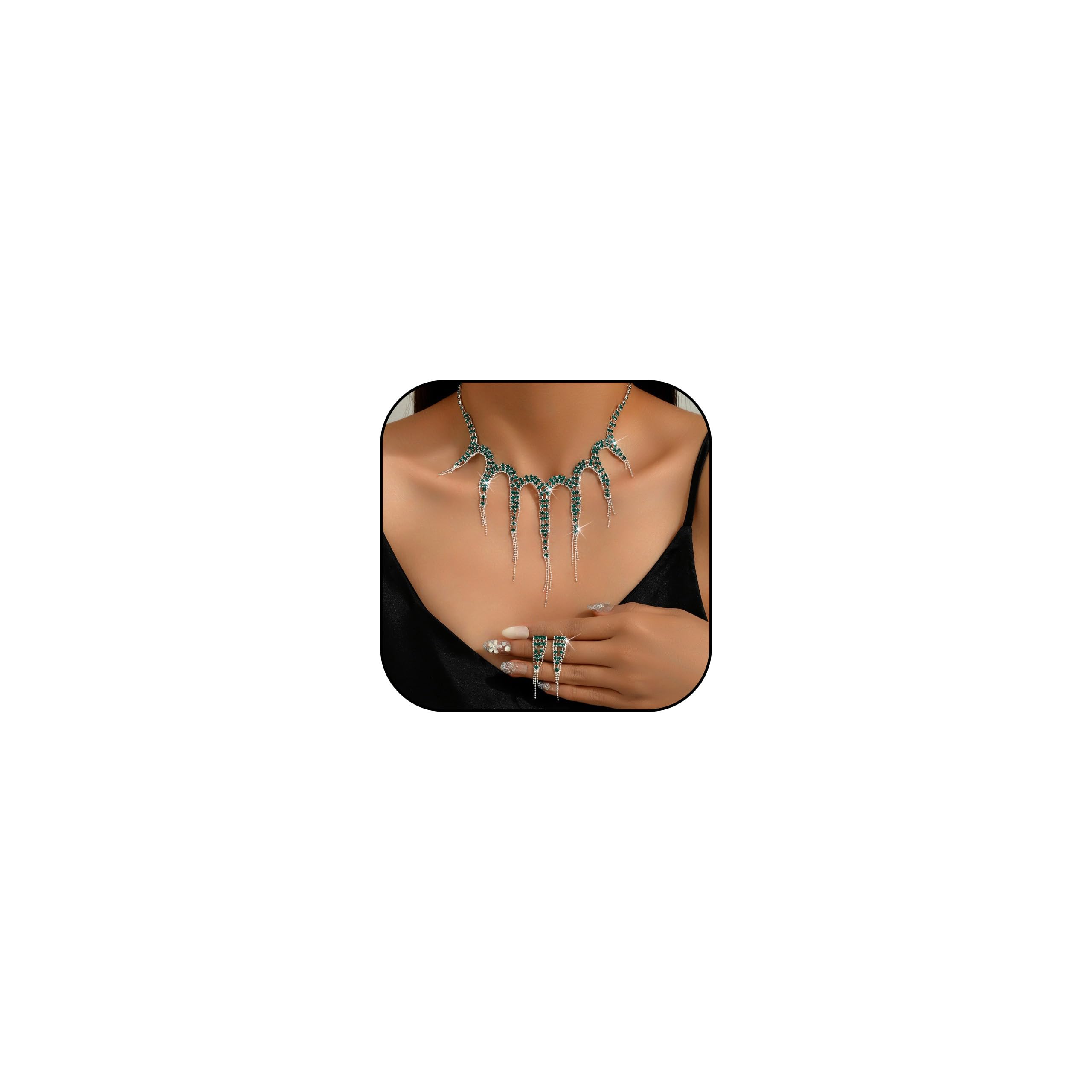 HUASAI Green Wedding Jewelry Sets for Brides Rhinestone Necklace Earrings Bracelet Set Bridal Costume Jewelry for Women Formal W