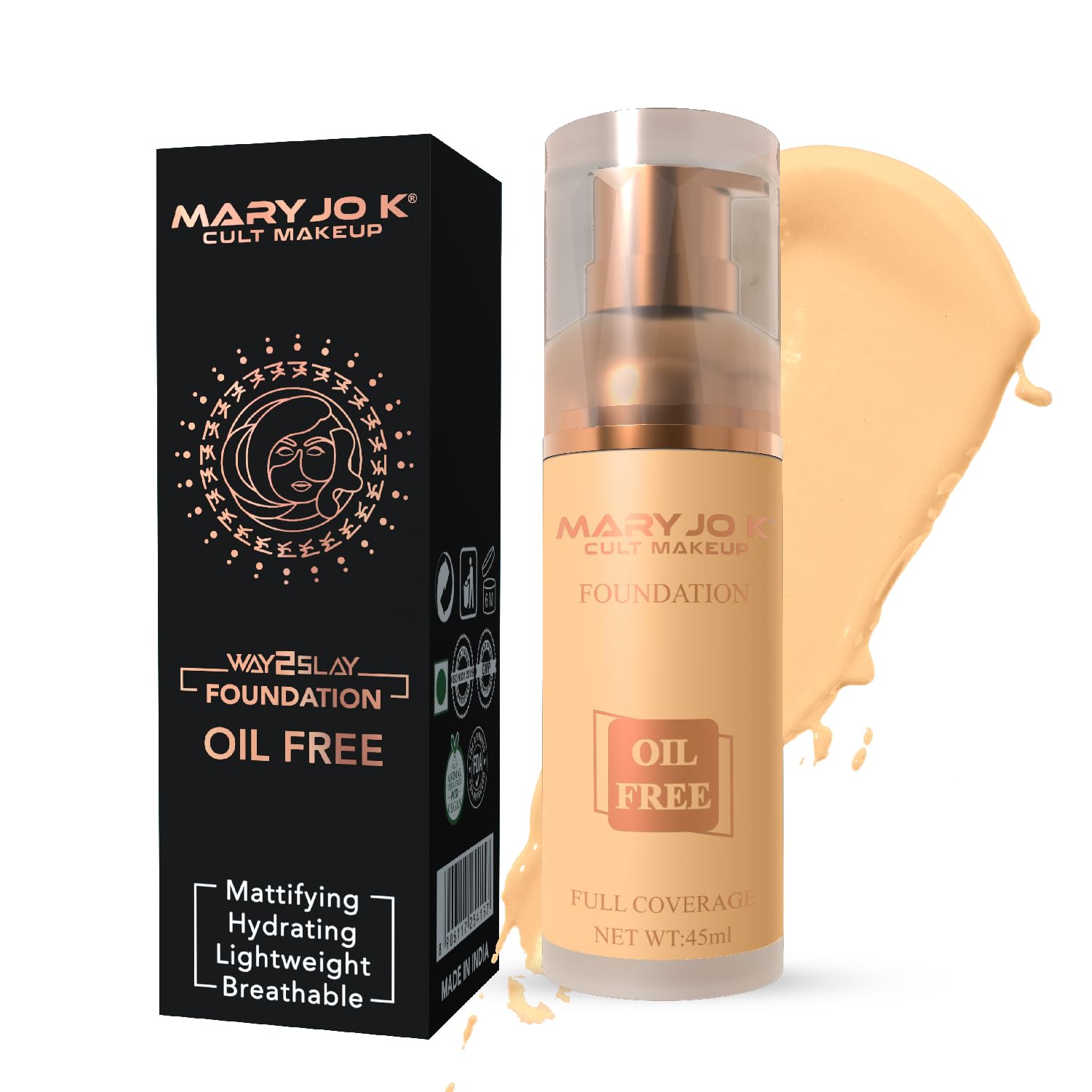 Mary Jo K OilFree Full Coverage Foundation | Mattifying Formula | Seamless Blendability | Prevents Patchiness | Lightweight For