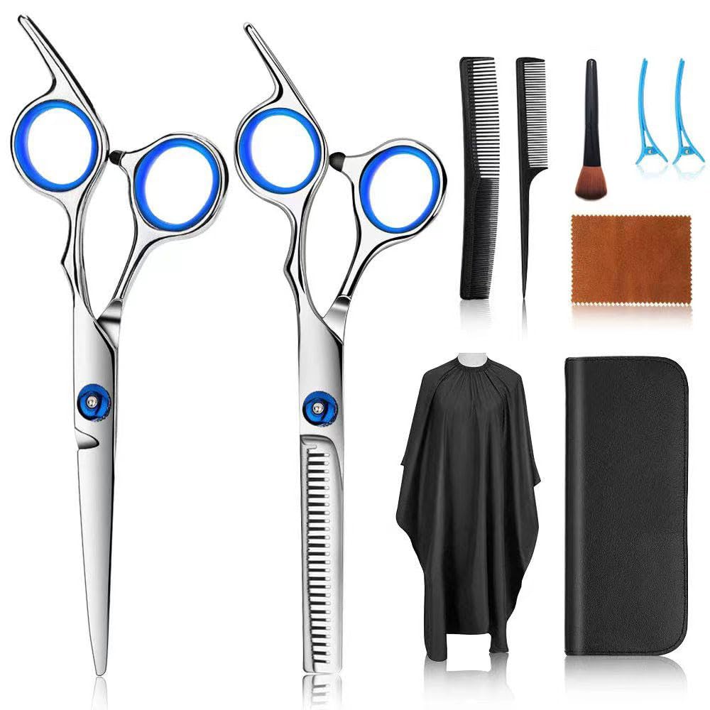 Hair cutting Scissors Kits, 10 Pcs Stainless Steel Hairdressing Shears Set Professional Thinning Scissors For BarberSalonHomeMen
