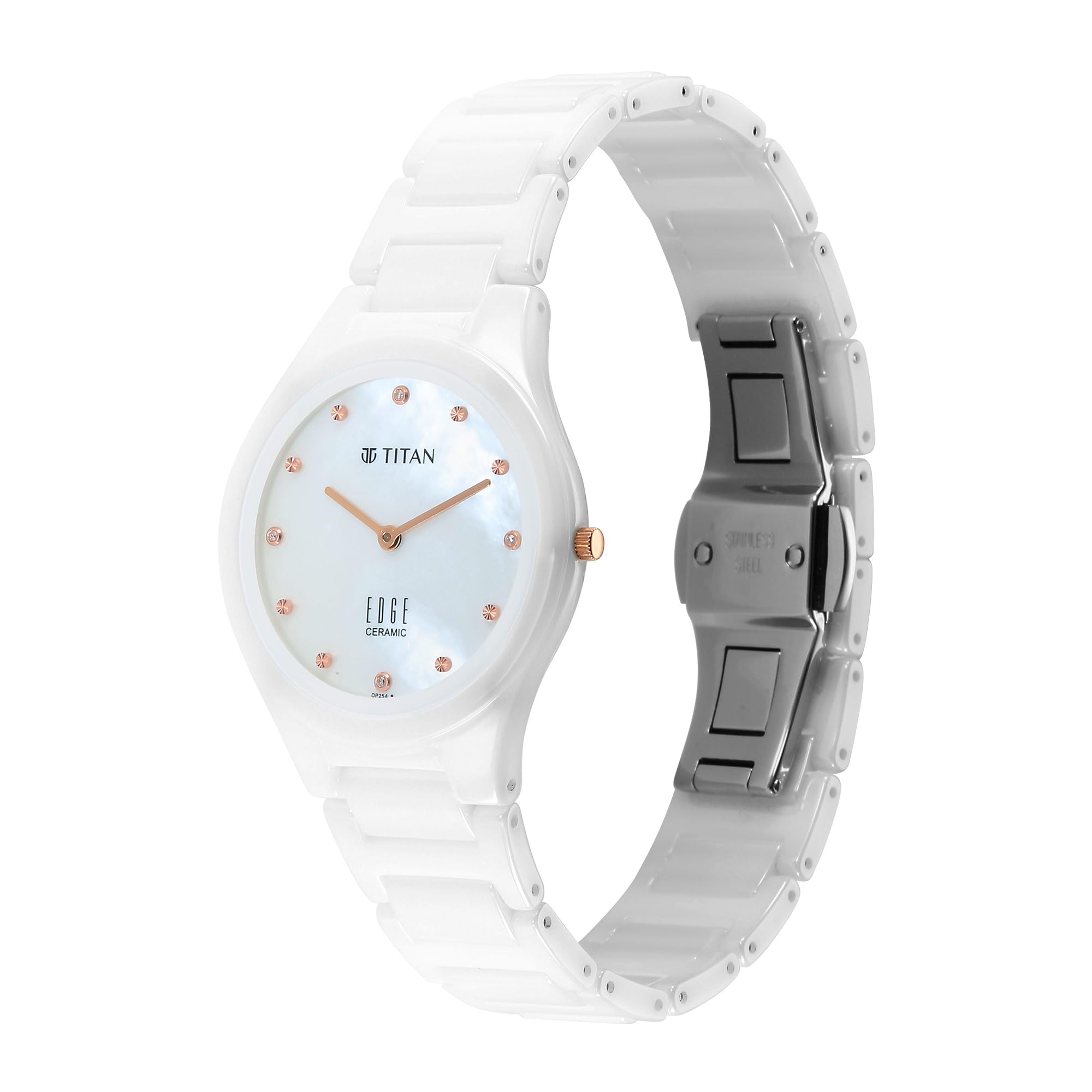 Edge Titan Ceramic Dress with Diamonds Quartz Analog Ceramic Strap Watch for Women, White, Modern