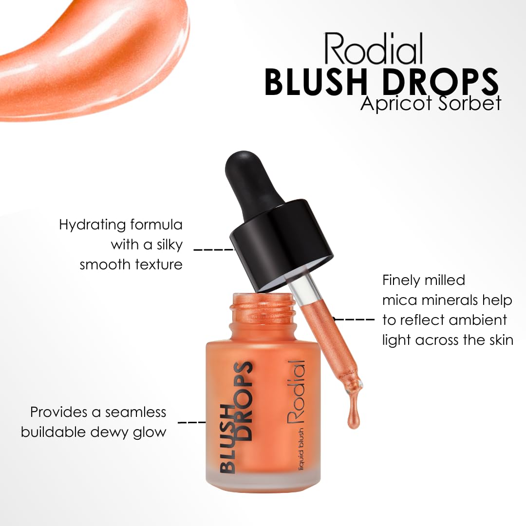 Rodial Blush Drops Apricot Sorbet - Lustrous Honey-Apricot For Golden Glow, Nourishing With Vitamin E, Multi-Use Liquid, 0.5 Fl.