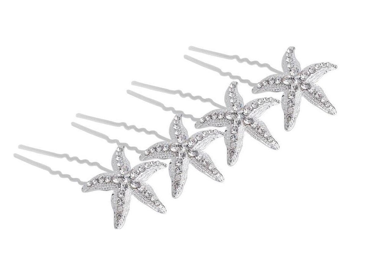 Numblartd 10 Pcs Silver Starfish U Shaped Hair Pin - Crystal Rhinestone Hair Jewelry Accessories for Women Lady Party Wedding an