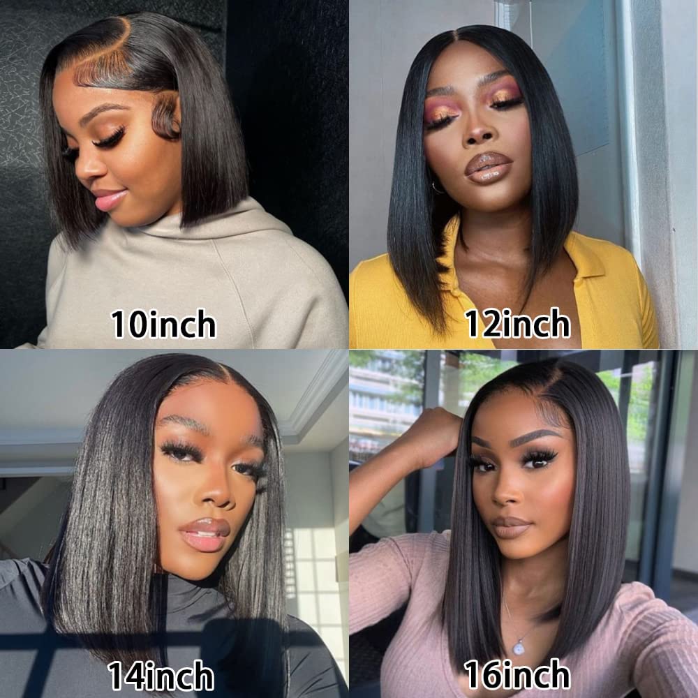 Karlami Bob Hair Wig Human Hair Straight 13X6 Hd Lace Frontal Wigs Pre Plucked 150% Density With Baby Hair Natural Black Side Pa