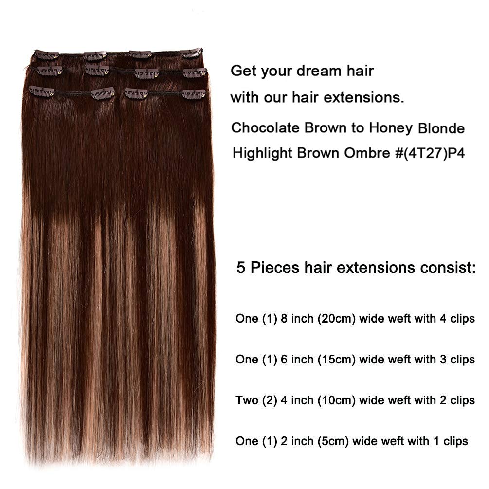5 Pieces 12'' Remy Clip In Hair Extensions Human Hair Chocolate Brown To Honey Blonde Highlight Brown Ombre - Silky Straight Sho