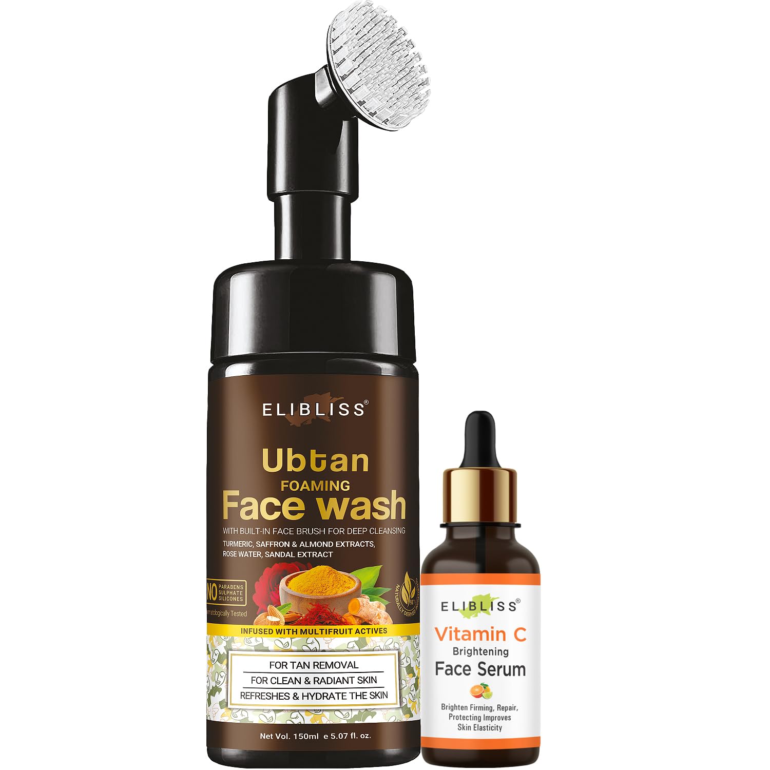 Elibliss Ubtan Foaming Face Wash With BuiltIn Face Brush & Vitamin C Face Serum Combo, Enriched With Turmeric, Saffron, Almond 