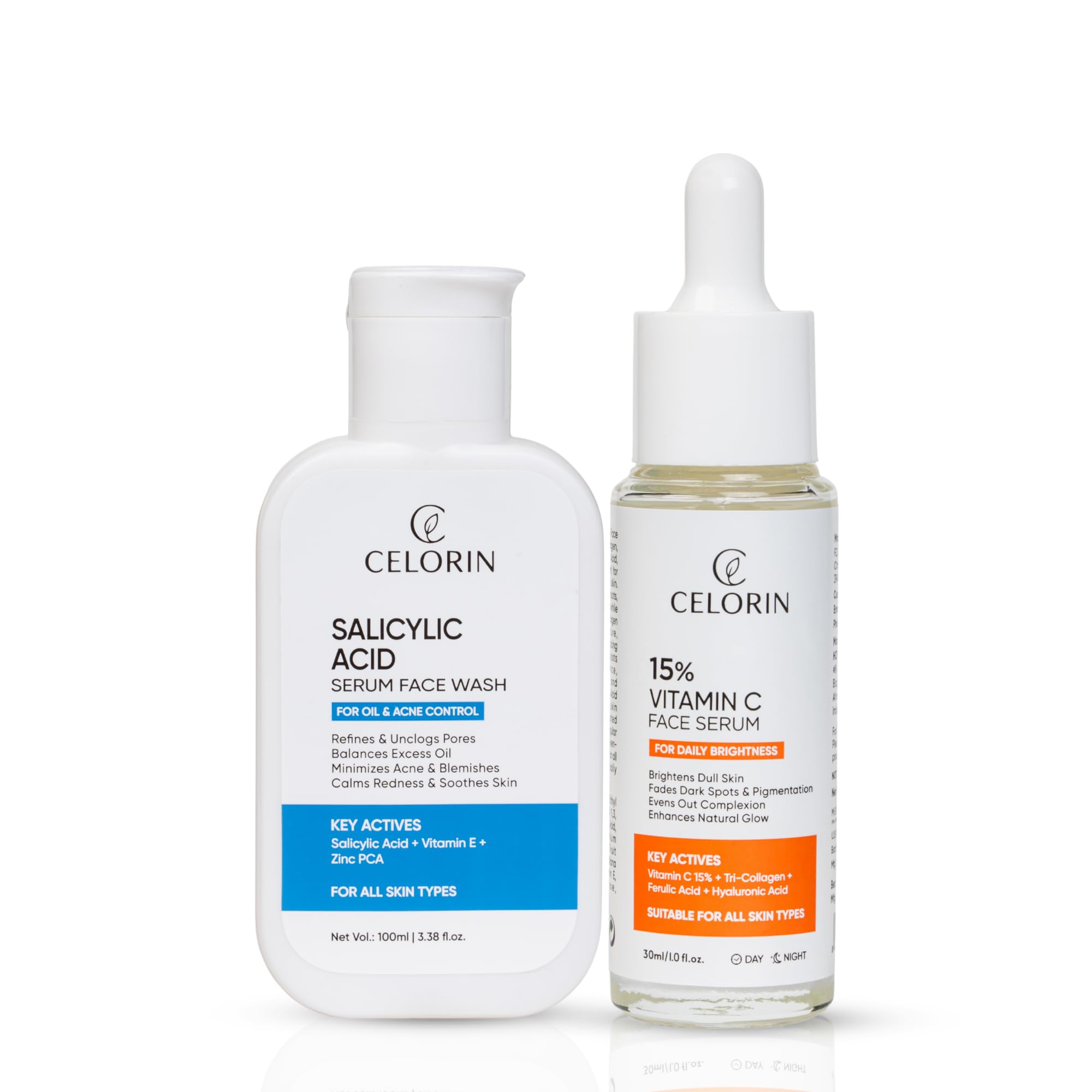 Celorin 2% Salicylic Acid Face Wash (100Ml) + 15% Vitamin C Serum (30Ml) Combo For Acne, Oil Control, Dark Spots & Skin Brighten