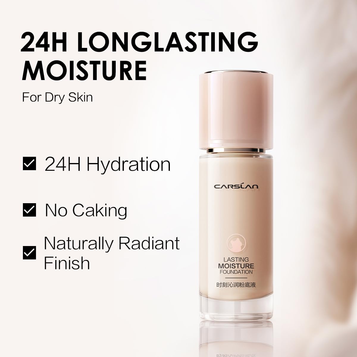 Carslan Lasting Moisture Foundation, 24H Longlasting Medium Coverage Dewy Finish Face Makeup, Poreless, Lightweight, Waterproof,